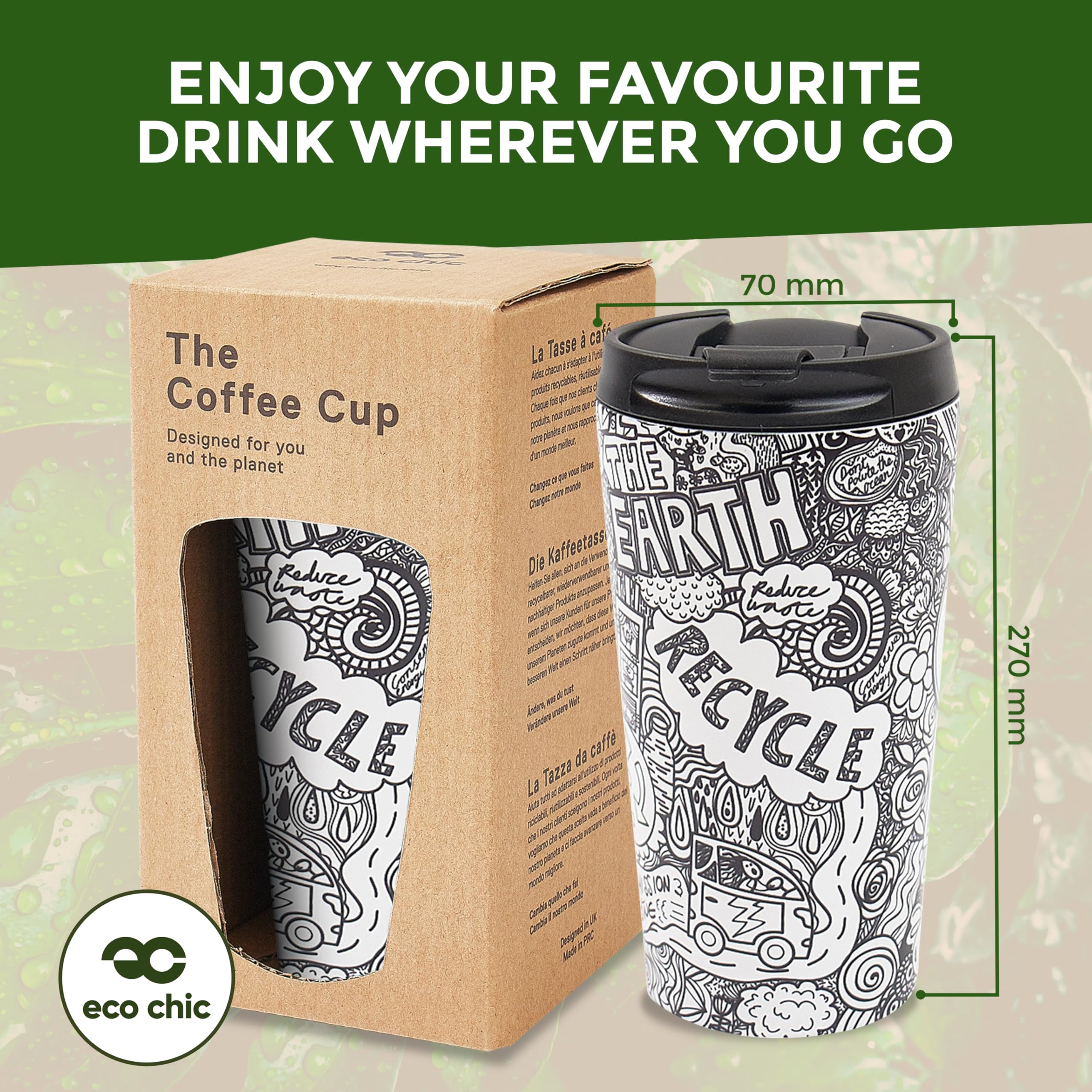 ECO CHIC Tazza da caffè termica riutilizzabile in acciaio inox a tenuta stagna isolata 330 ml tazza da viaggio (Save The Planet B & W)