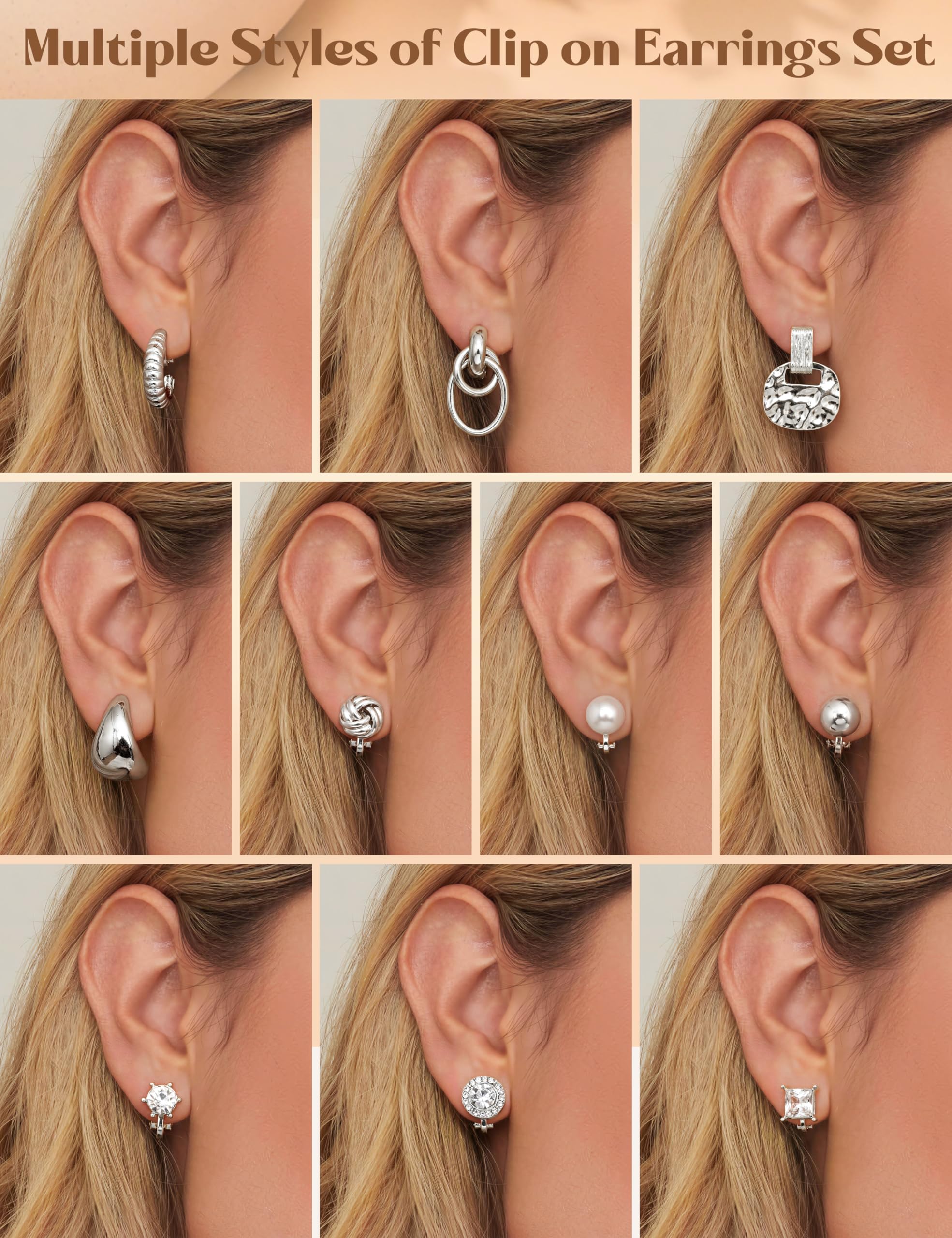 Orecchini a Clip per Donna Orecchini a Clip placcati Oro 14K Non forati CZ Perla Nodo Torsione Grosso Cerchio Orecchini a Clip Set Orecchini ipoallergenici Finti