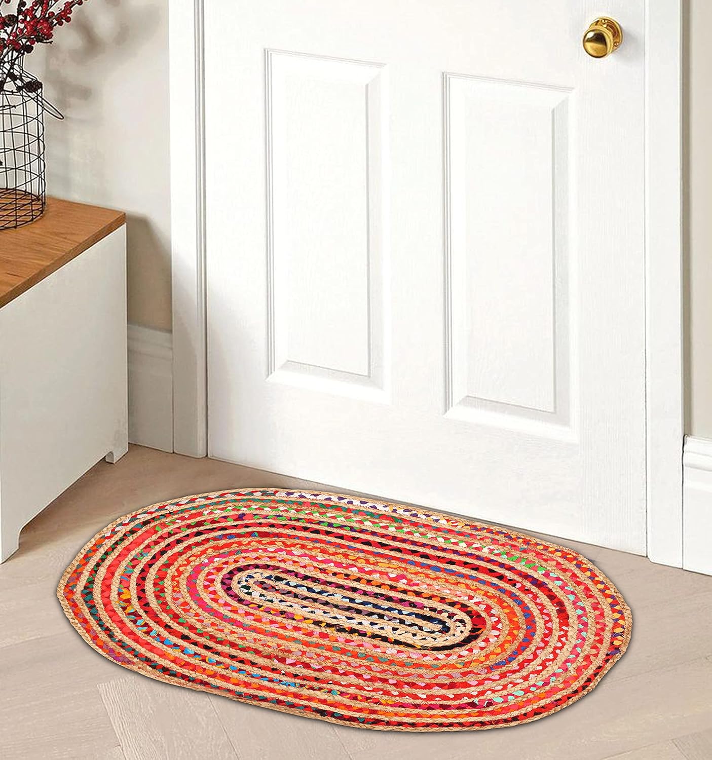 Lightnpro Jute Cotton Multi Chindi Braided Rug 2x3 Feet -Multi Color, Farmhouse Rustic Natual Look Jute Burlap Reversible Rag Rug for Living Room, Entryway, Kitchen, Bedside - 24x36 inches
