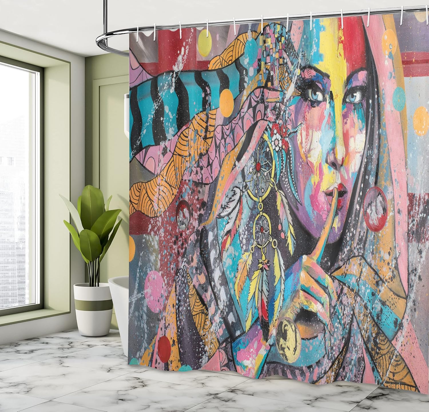 Ambesonne Modern Art Shower Curtain, Fine Art Illustration of a Bohemian Lady Dreamcatcher and Murky Oriental Boho Ethnic Form Painting, Fabric Bathroom Decor Set with Hooks, 69" W x 75" L, Pink Grey