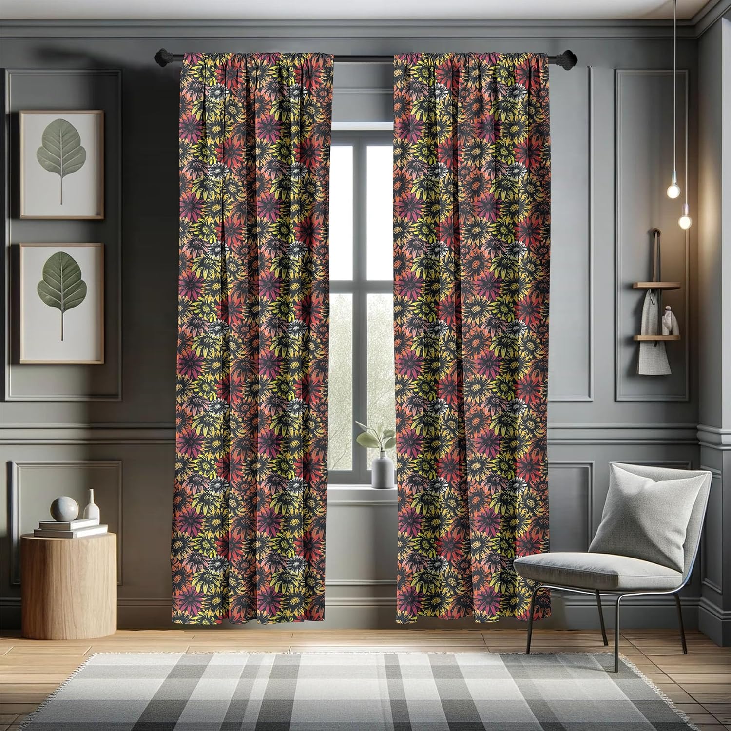 Ambesonne Floral Curtains, Vintage Daisy and Sunflowers Retro Grunge Vibrant Pattern Print, Window Treatments 2 Panel Set for Living Room Bedroom, Pair of - 28" x 95", Red Yellow