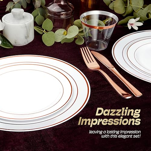 Miniatura 10 de Juego de vajilla de plástico de 600 piezas para 100 invitados, platos de plástico dorados para fiestas, juegos de platos dorados para 100 invitados,