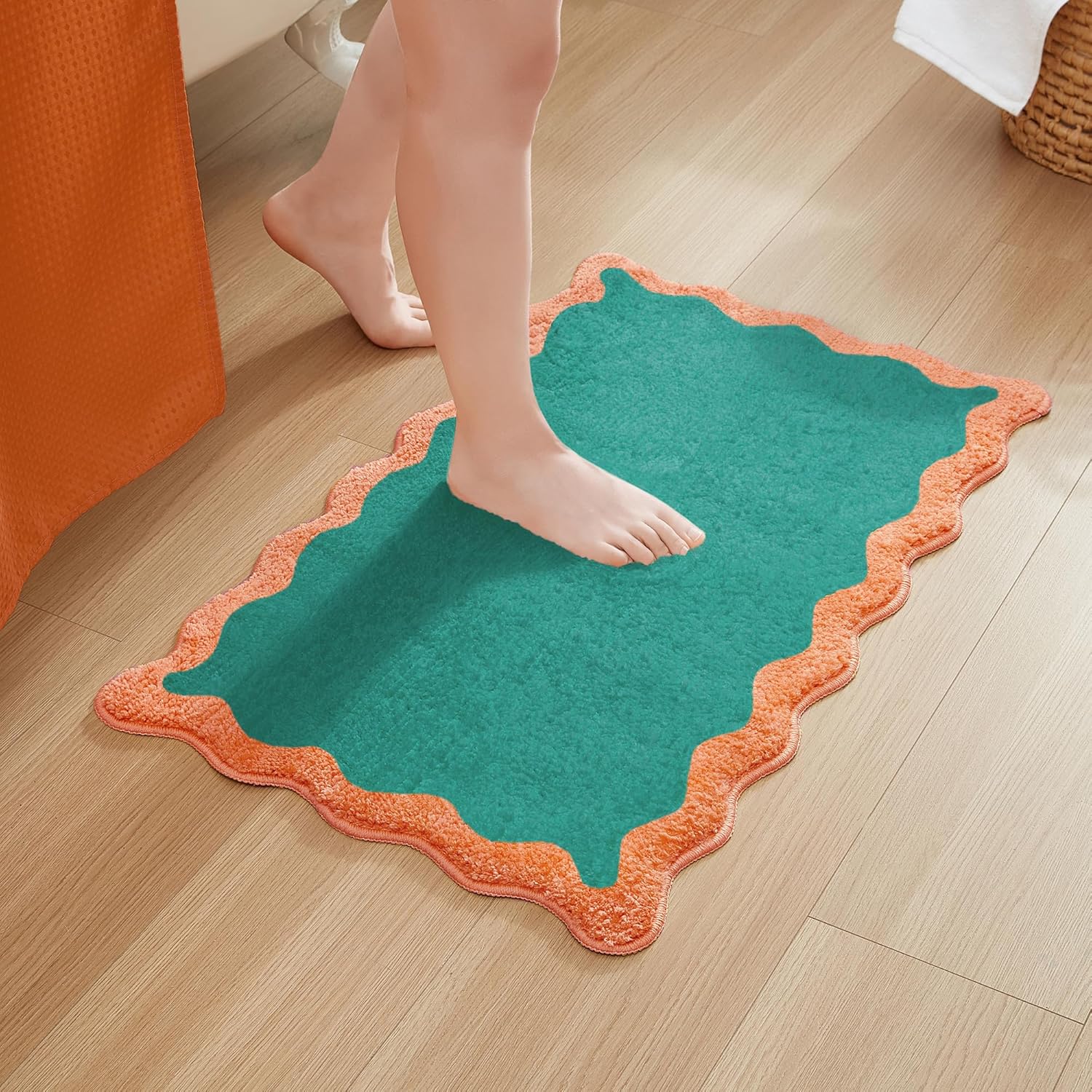 MONDAY MOOSE Bath Mat with Scalloped Wavy Ripple Design, Microfiber Absorbent Non Slip Tufted Rug for Floor, Shower or Kitchen (20×32 inch, Teal Peach) MONDAY MOOSE Bath Mat with Scalloped Wavy Ripple Design, Microfiber Absorbent Non Slip Tufted Rug for Floor, Shower or Kitchen (20×32 inch, Teal Peach)
