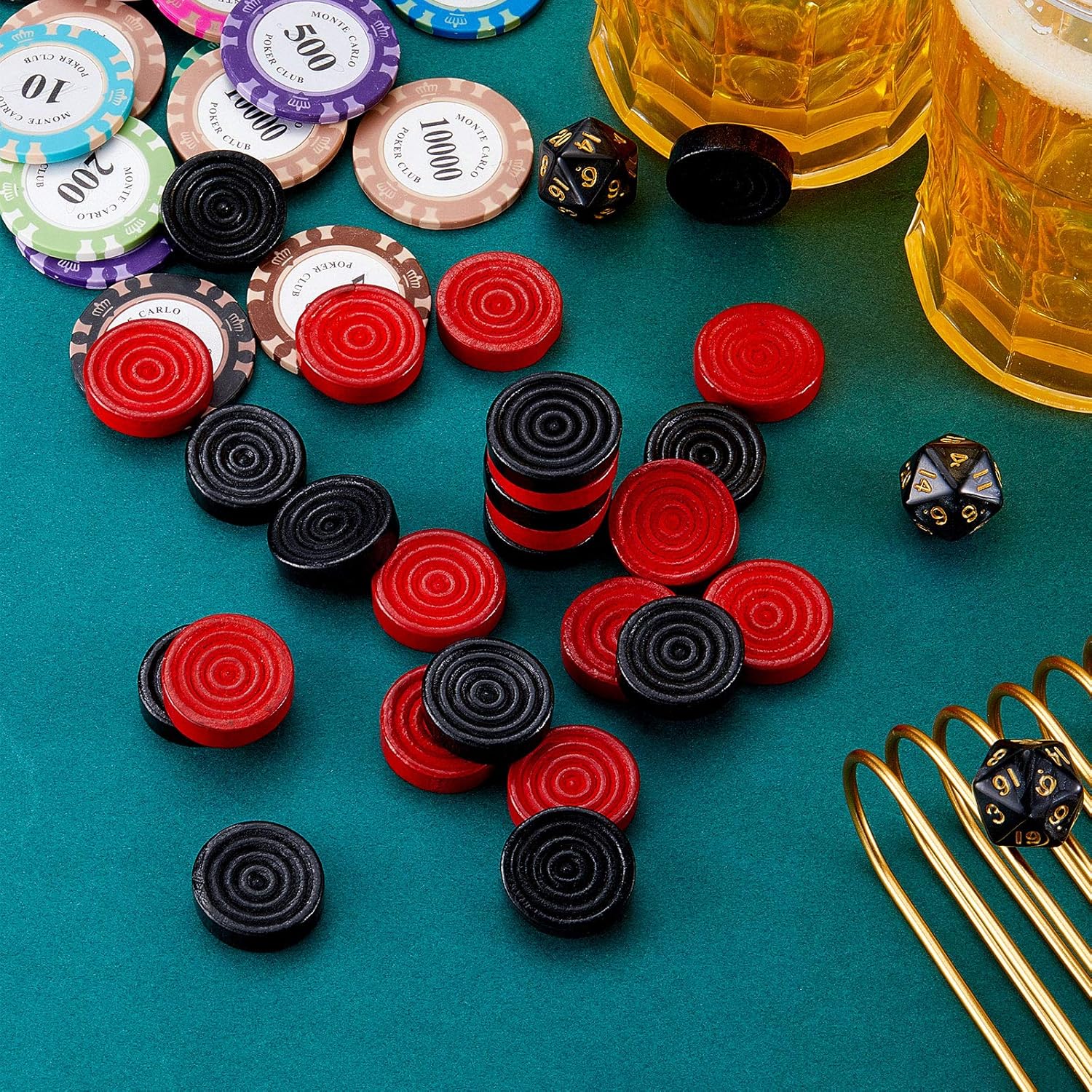 24 Pieces Wooden Checkers Pieces 1.06 Inch Checkers Board Game Pieces Stackable Ridge in Drawstring Storage Pouch, Red and Black