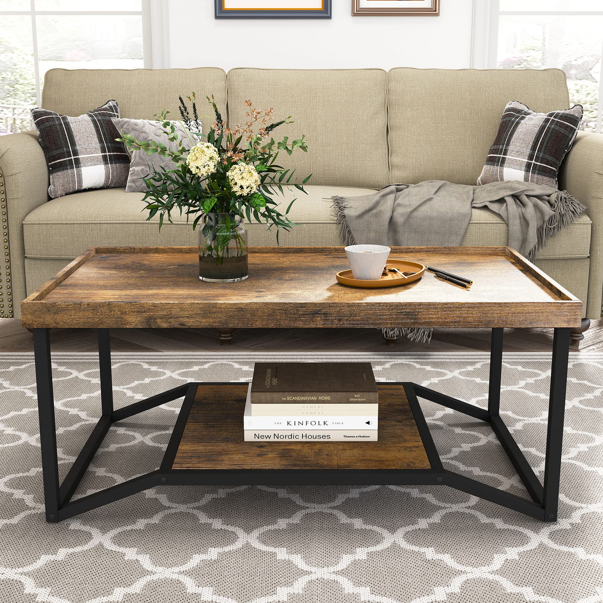 Nolany Industrial Wooden Coffee Table Rectangle Cocktail Table Tea Table with 2 Tiers Open Storage Shelf and Stable Metal Frame, Suitable for Living Room, Rustic Brown