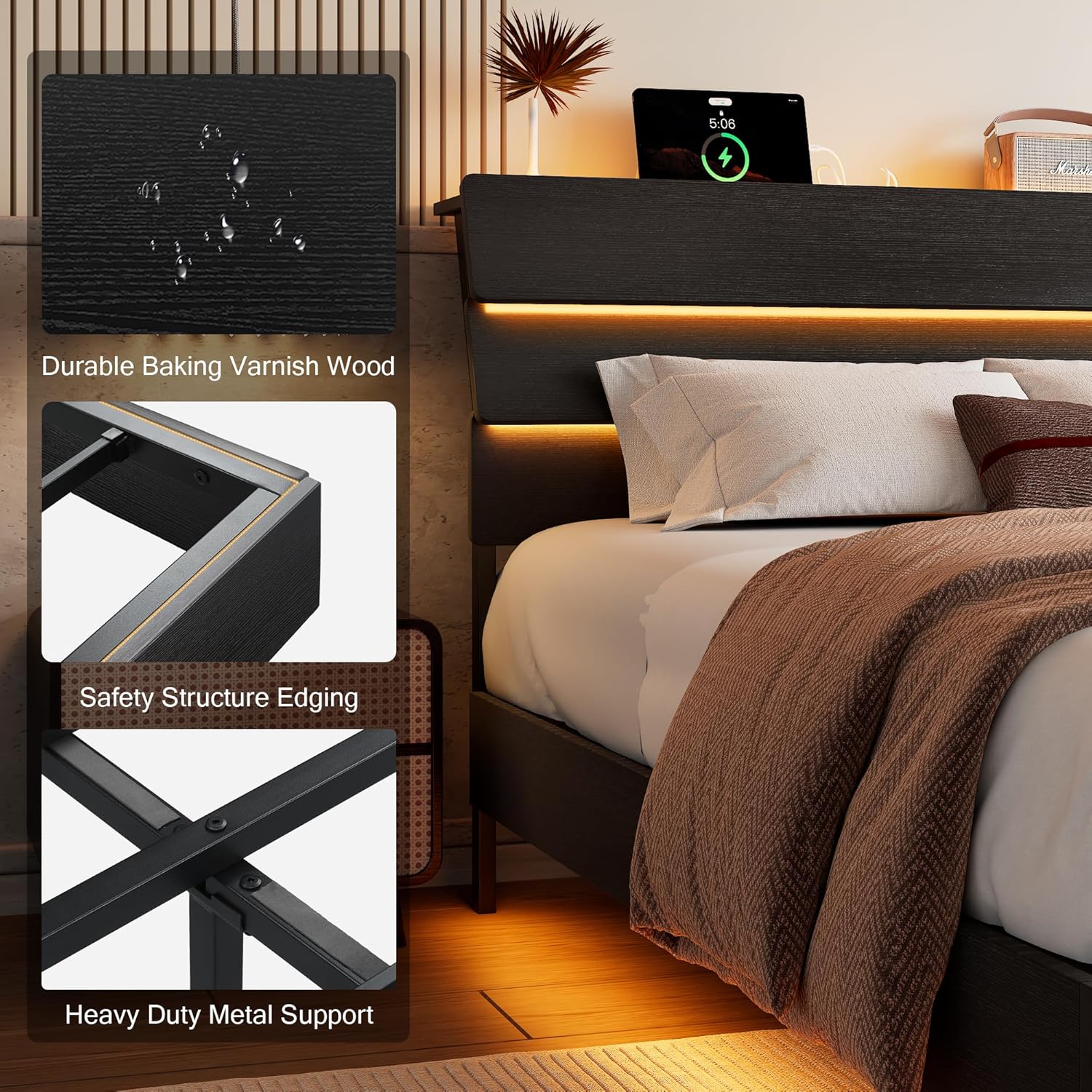 Einhomn Floating Bed Frame Queen Size with Led Headboard and Charging Station, Metal Platform Bed Base with Storage, Remote Control, Heavy Slats Support, No Box Spring Needed, Noise Free, Black