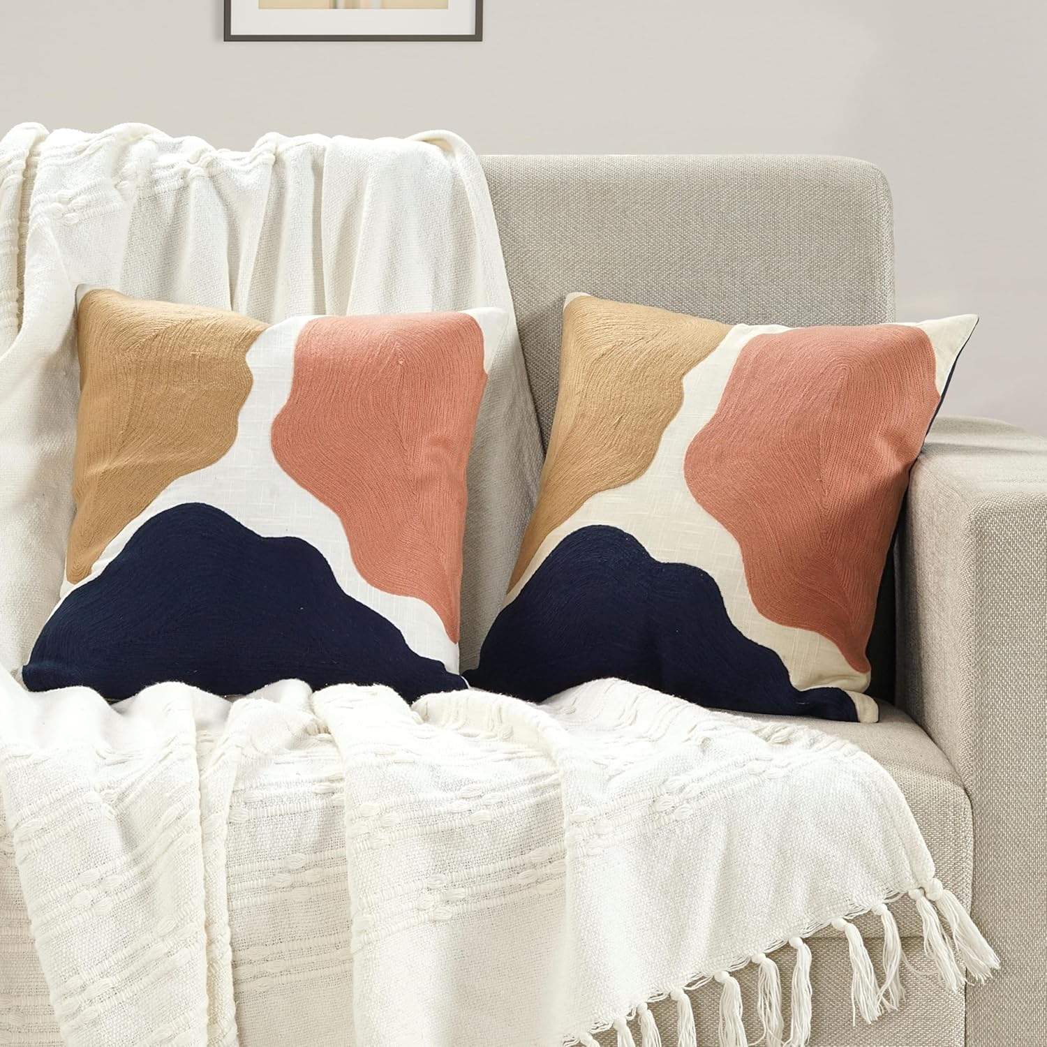 ZOMI Decorative Embroidered Throw Pillow Covers for Couch Sofa Square Set of 2 Cushion Covers for Living Room Cotton Fabric Shrink Resistant Breathable 16x16 Inch (Helena Blue)