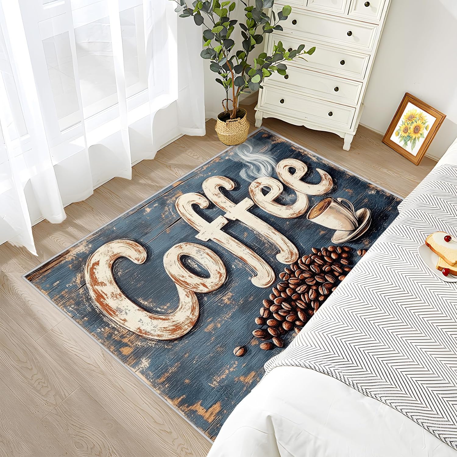 Coffee Rugs for Kitchen Floor - 2x3 Rug, Coffee Bean Area Rug, Vintage Cafe Washable Non Slip Soft Rugs, Rustic Farmhouse Carpet, Retro Wood Effect Home Decor, Cafe Lover Gifts