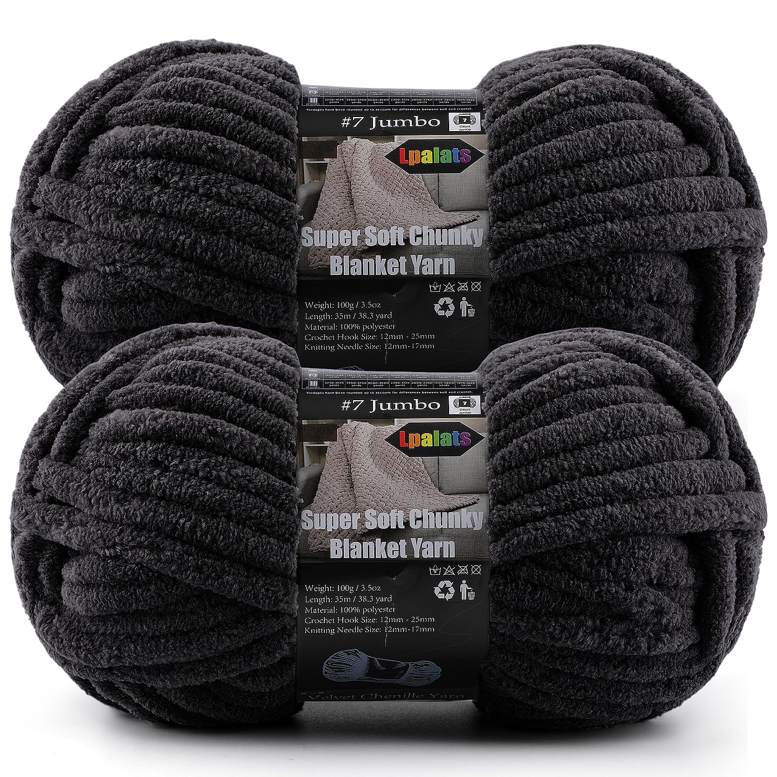2-Pack Super Soft Chunky Yarn for Crocheting Blankets - 7oz/76.4yd Total, Thick &amp; Plush Chenille Yarn for Quick Baby Projects, Amigurumi, Scarves, Black