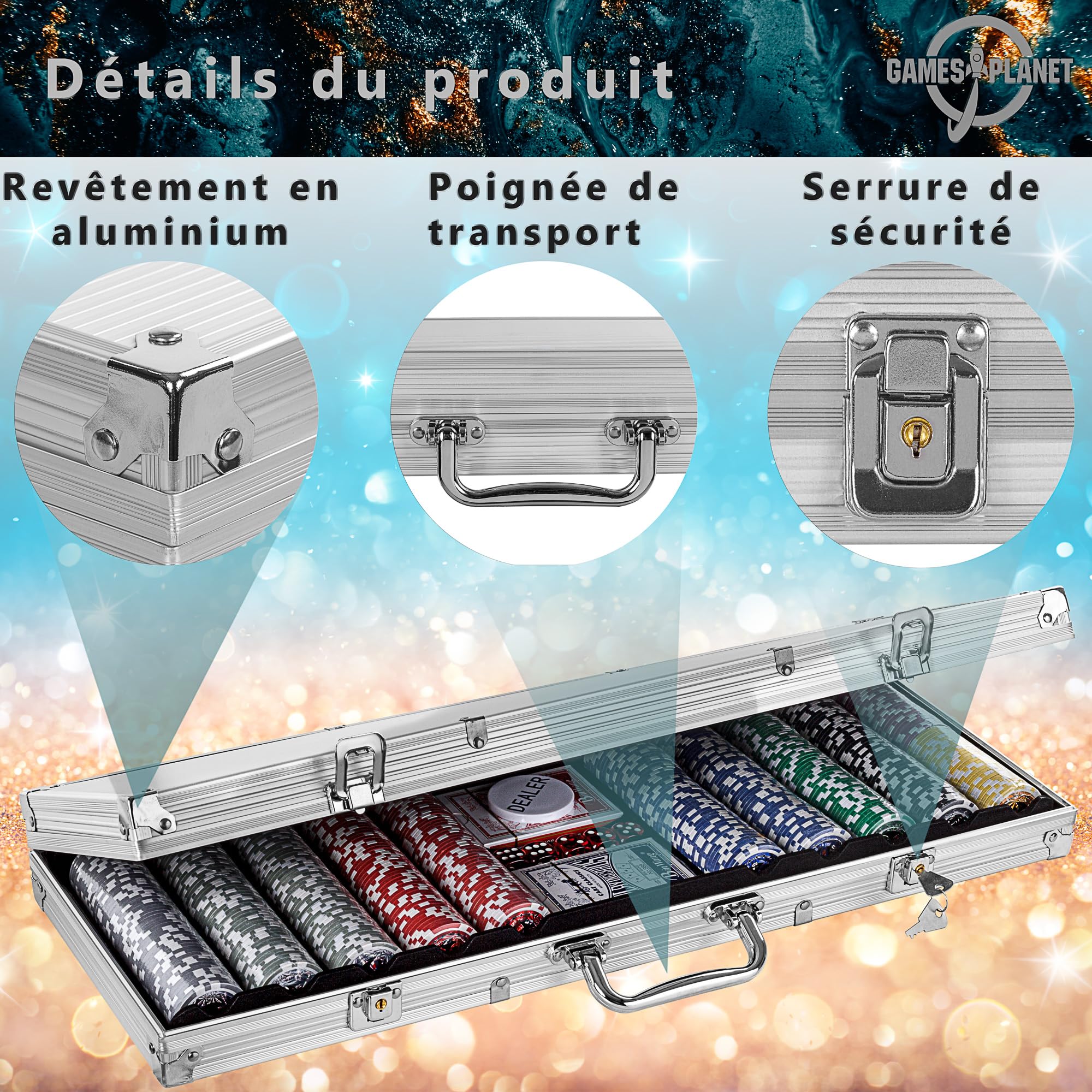 GAMES PLANET Mallette de Poker avec 500 jetons Laser, édition Argent/Or/Noir - Sélection: Argent