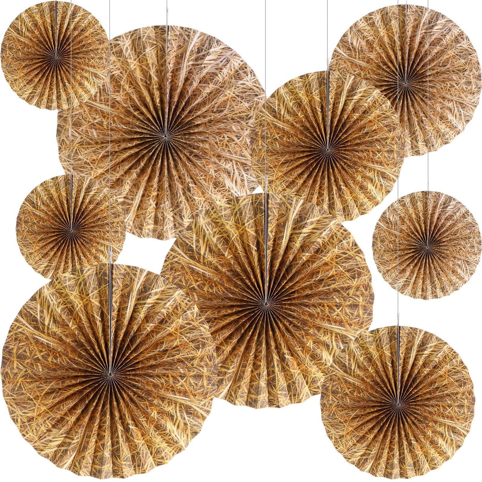 Outus 9 Pcs Western Cowboy Party Decorations Paper Fans Wagon Wheels Straw Hay Bales Hanging Ceiling Wall Decor for Country Western Themed Rodeo Farm
