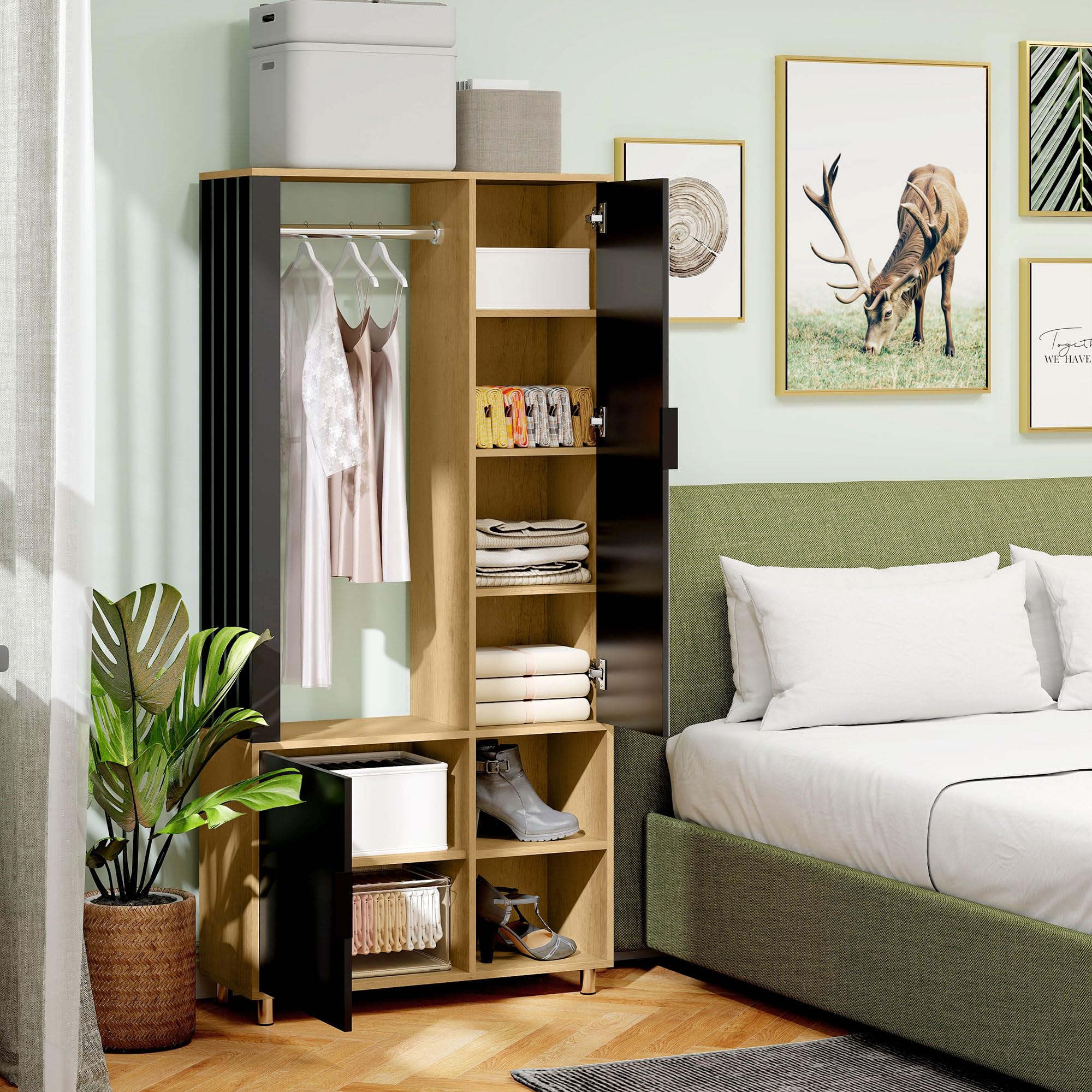 HOMCOM Garderobe Set mit Spiegel, Flurgarderobe, Kleiderstange, Schuhschrank, 80x30x175 cm, Naturholz