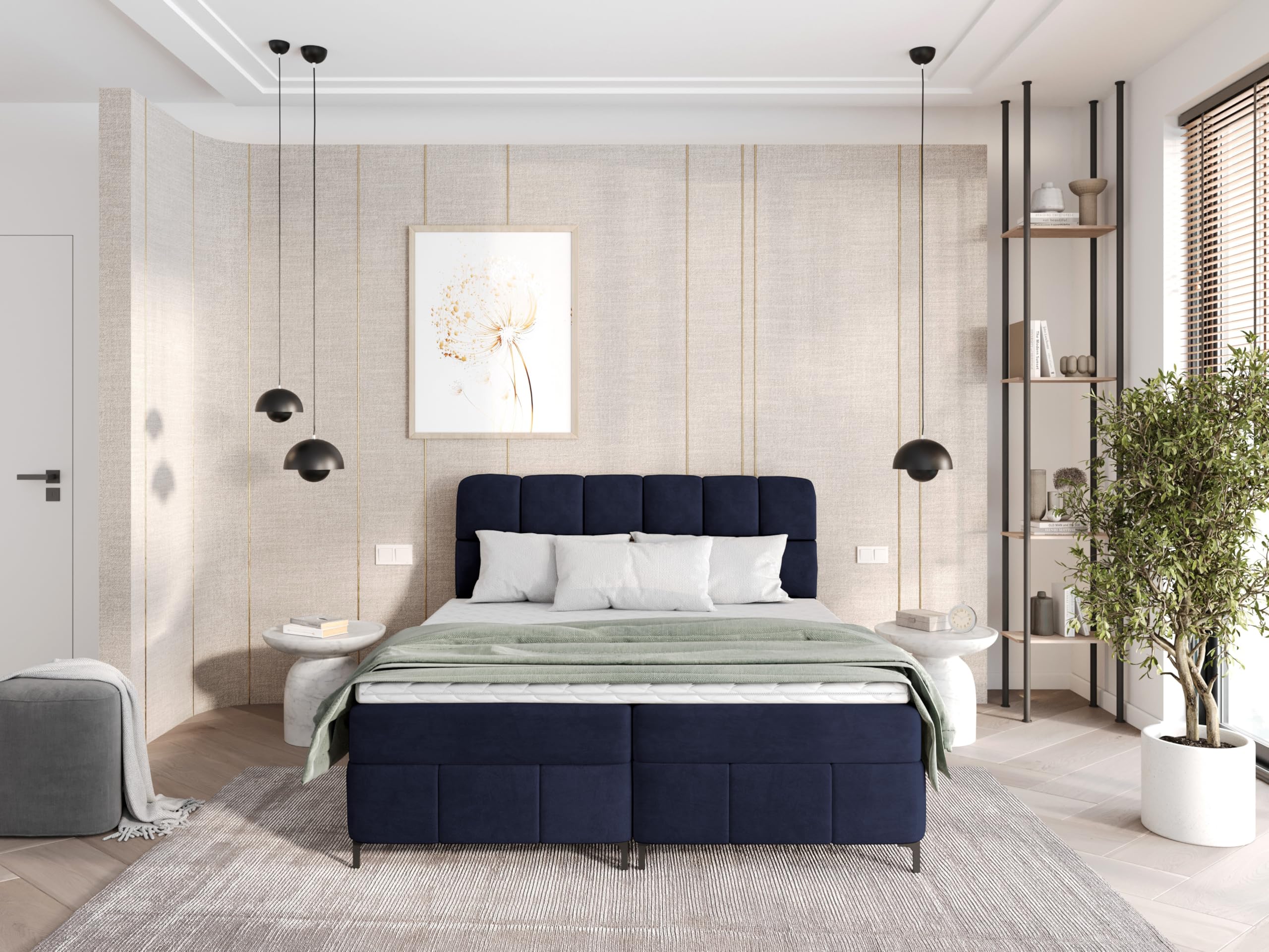 FURNISTAR Boxspringbett Cindy 160x200 mit Bettkästen und Topper | Doppelbett, Bonell-Matratze, Polsterbett, Bett, Bettgestell, Schlafzimmer - Dunkelblau