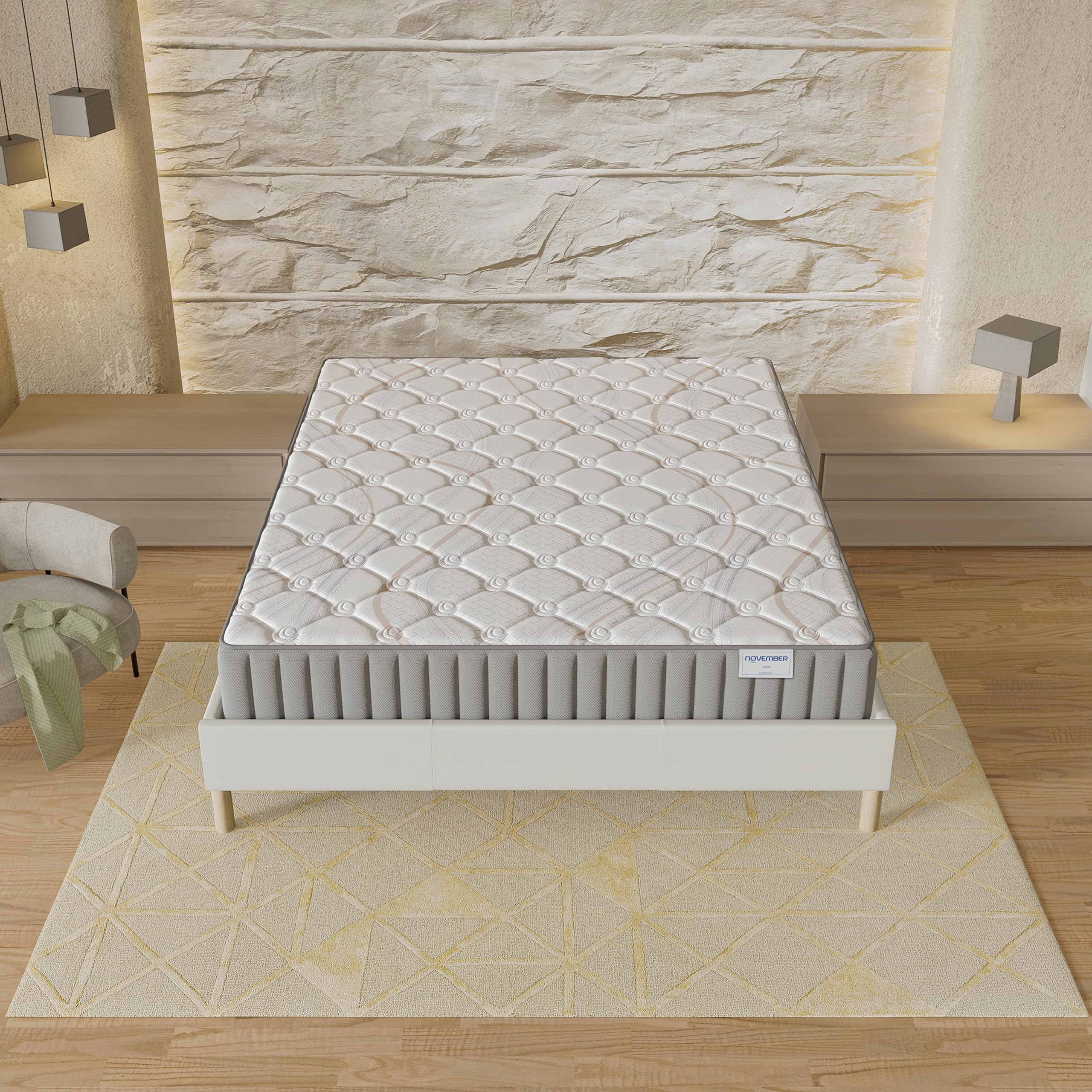 NOVEMBER- Ensemble Matelas + sommier (120 x 190cm) - Matelas Sirius Latex Naturel & Mousse Haute Densité d’épaisseur 16cm + Sommier Bois Stable & Robuste revêtement Tissu Blanc