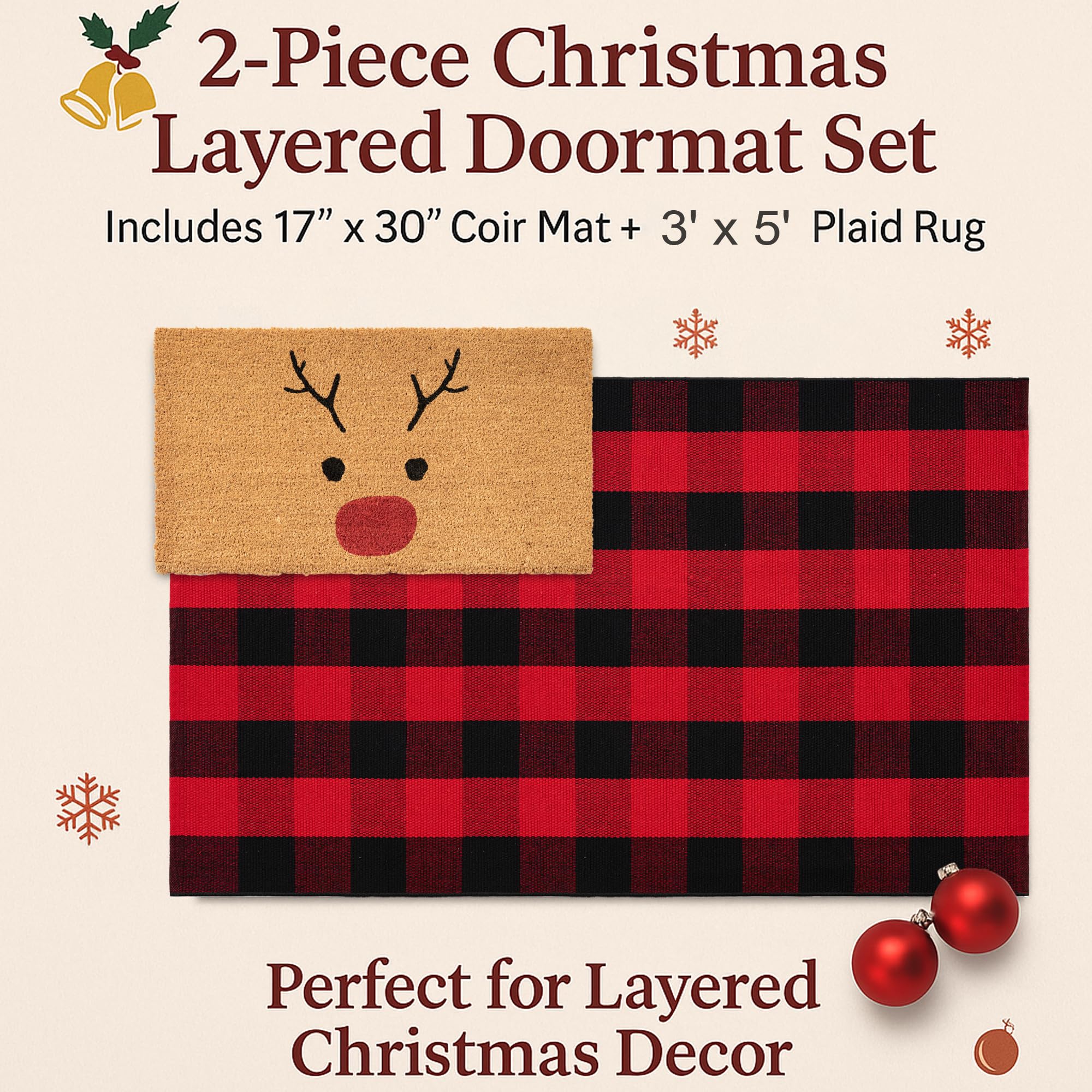 Juego combinado de felpudos de Navidad, tapete de bienvenida 100% fibra de coco + alfombra a cuadros rojos y negros de 3 x 5 pies, tapete de colección de ciervos de Navidad para decoración de entrada