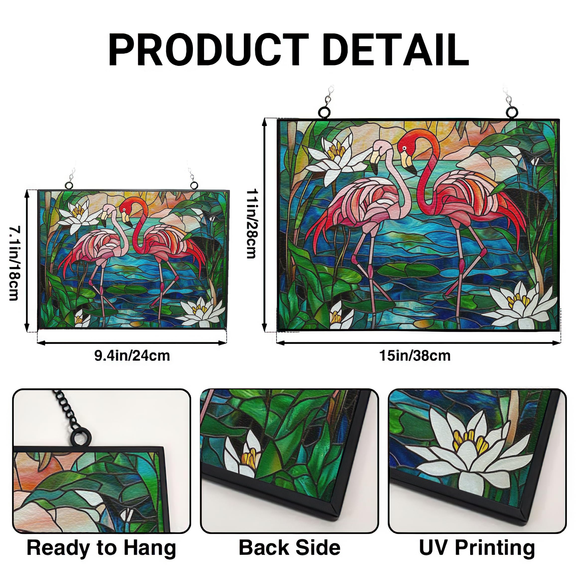 365CUSGIFTS Customized Rectangle Vintage Flamingo Stained Glass Window Hanging, Stained Glass Suncatcher for Women, Window Decor Perfect Home Décor