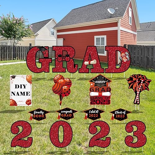Letreros de patio rojos "2023 GRAD", 16 piezas brillantes de graduación para patio con 32 piezas de estacas para decoración al aire libre,