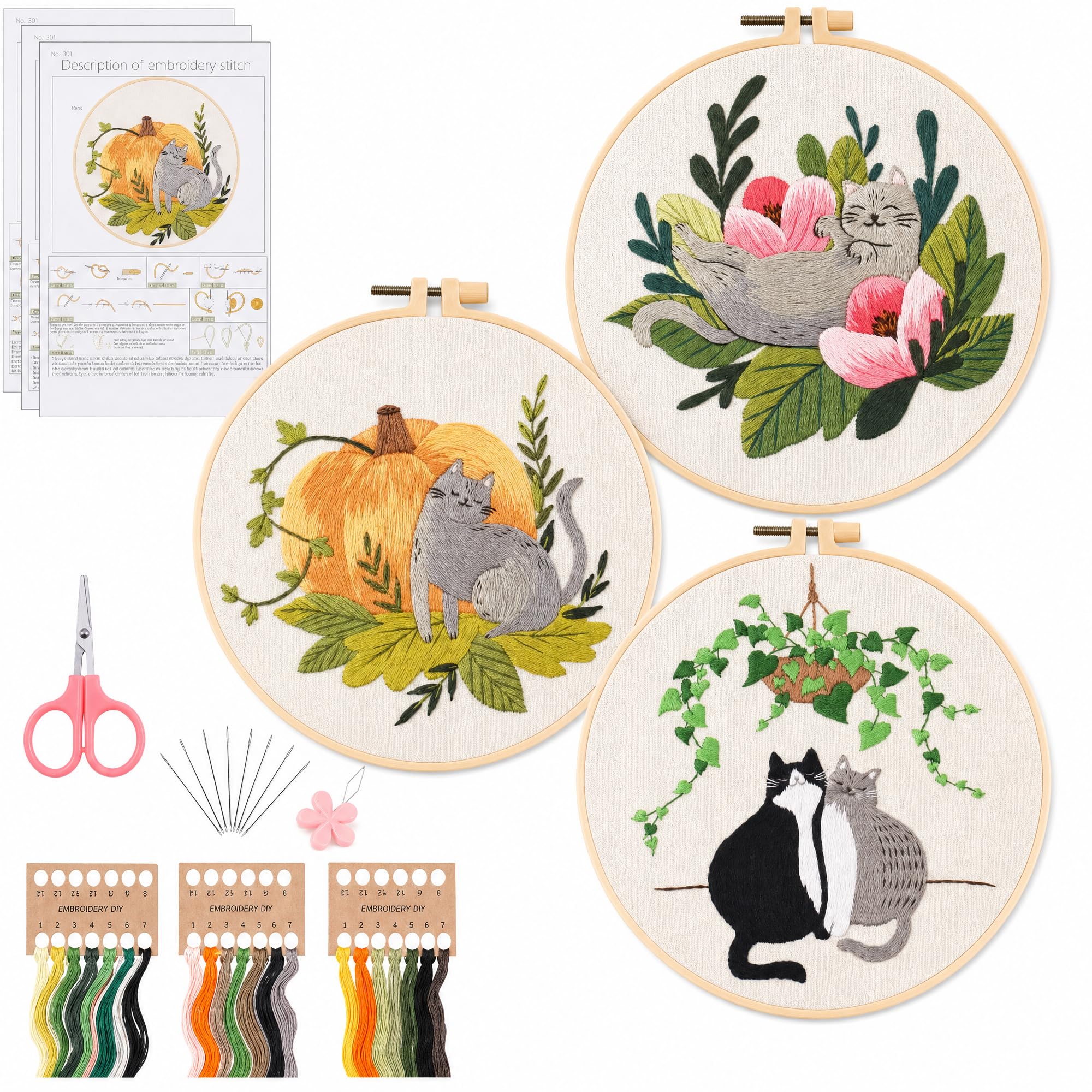 Cat Embroidery Kit for Beginners, 3 Pack Floral Cats Cross Stitch Kits for Adults, Embroidery Hoop & Craft Tools Included, Step-by-Step Guide & Video Tutorials, Engaging Needlepoint Crafts for Adults