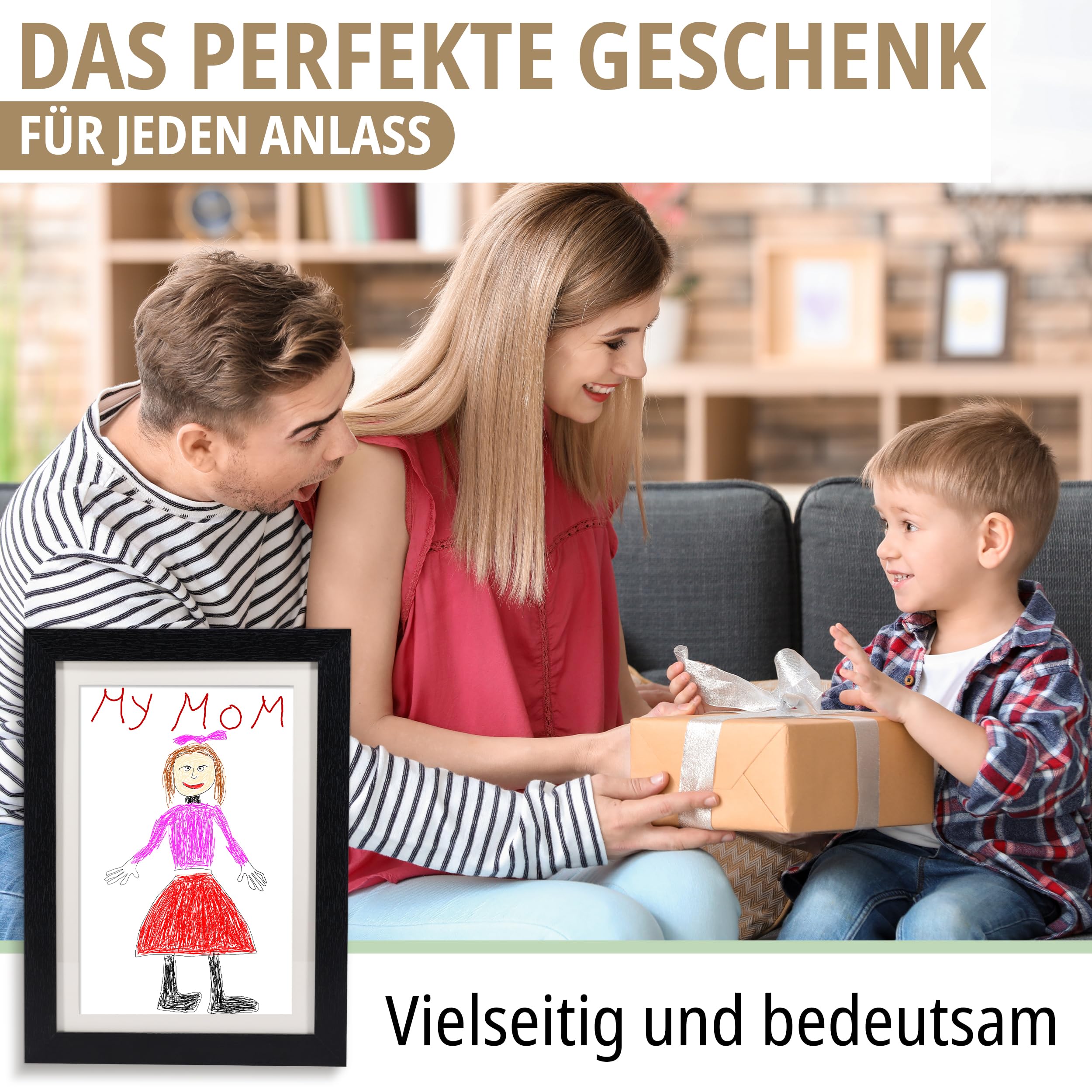KIYARI Bilderrahmen Kinderzeichnungen A3 Schwarz, Aufklappbar & Frontöffnung, für bis zu 150 Zeichnungen, Robustes Holz & bruchsicheres Glas, Ideal für Kunstprojekte, Kinderzimmer & Schule
