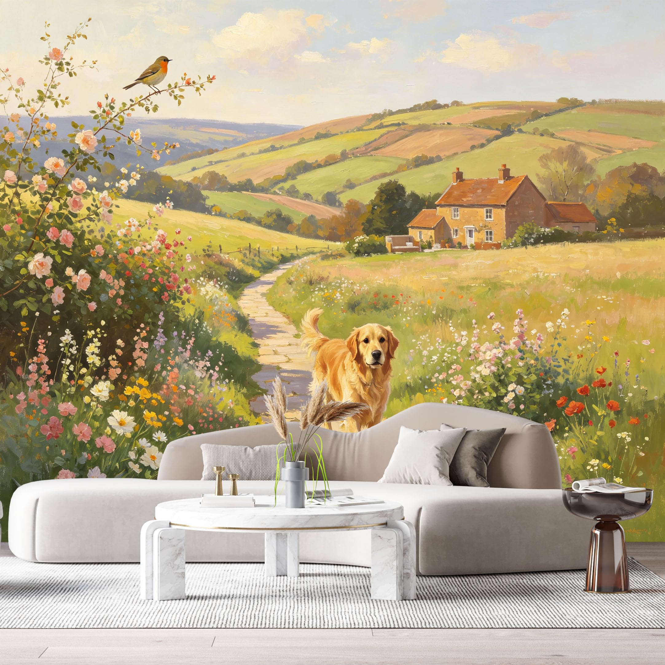 Custom Size Wall Murals Farmhouse American Country Oil Painting Stone Path Cottage Scenic Landscape SelfAdhesive Wall Fabric Removable Large Wallpaper for Living Room