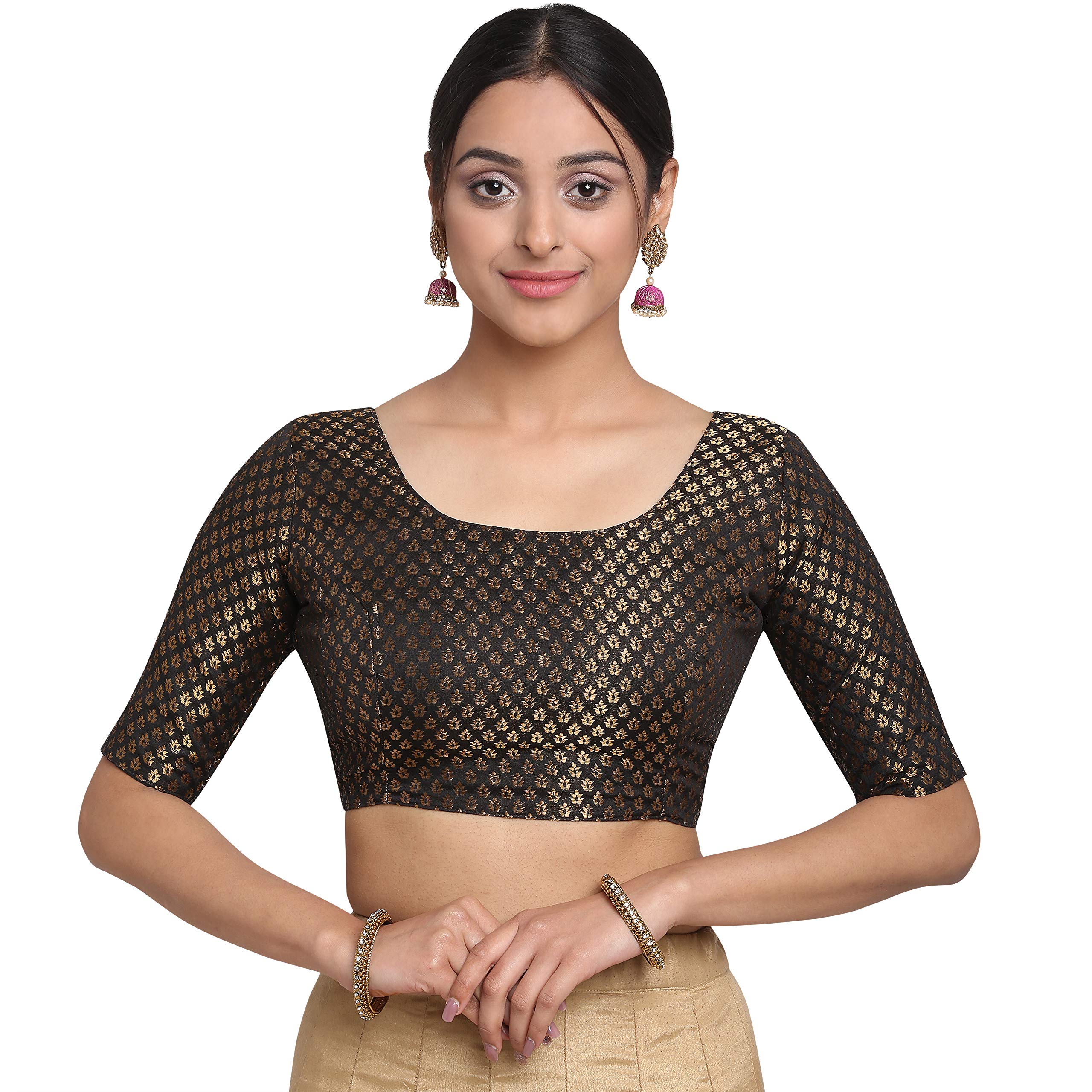 Oomph Women's Art Silk Solid 3/4 Sleeve Saree Blouse (Rbbl14M_Soot Black_M)