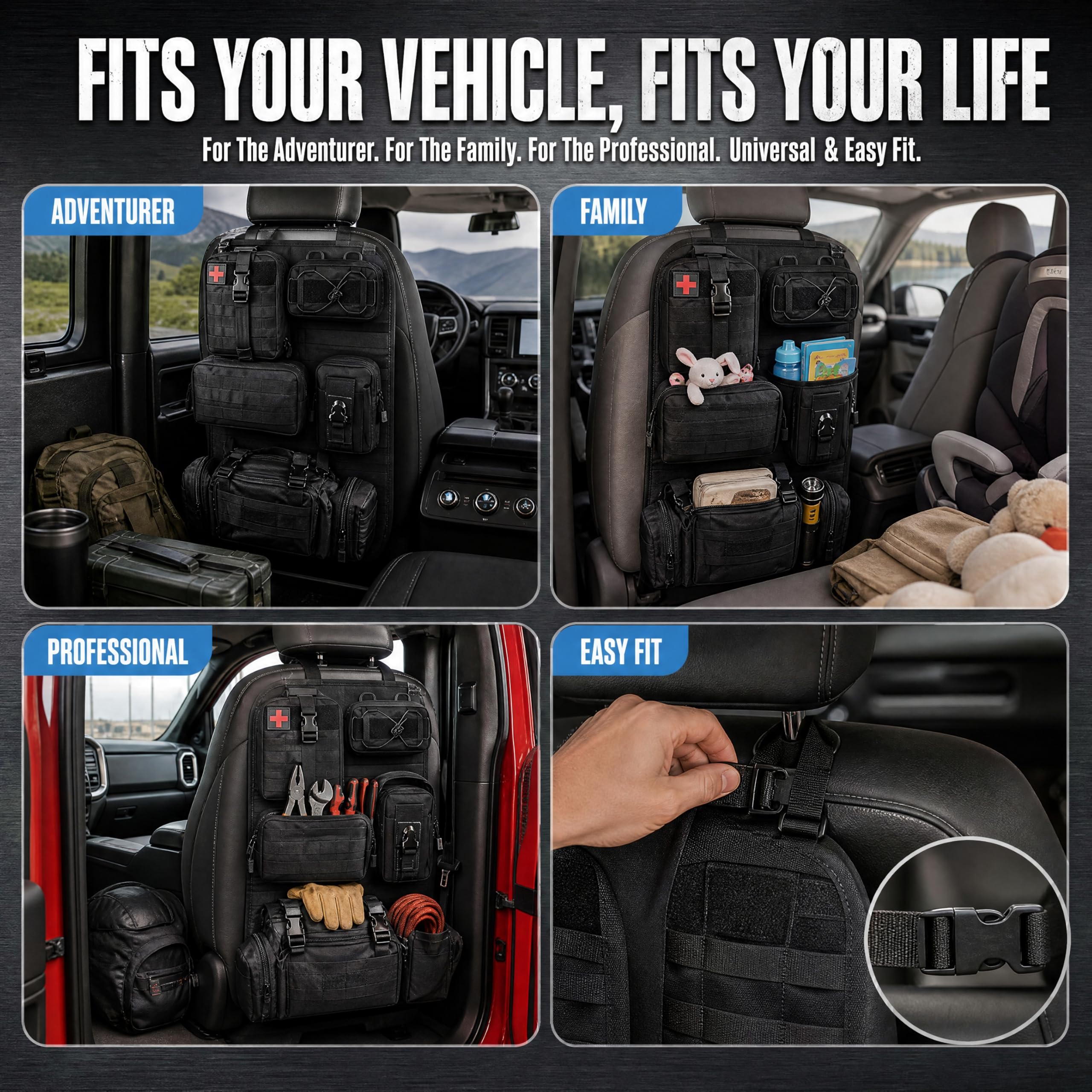 Universeller taktischer Organizer für die Rückseite von Autositzen mit 5 abnehmbaren Molle-Taschen für Auto, SUV
