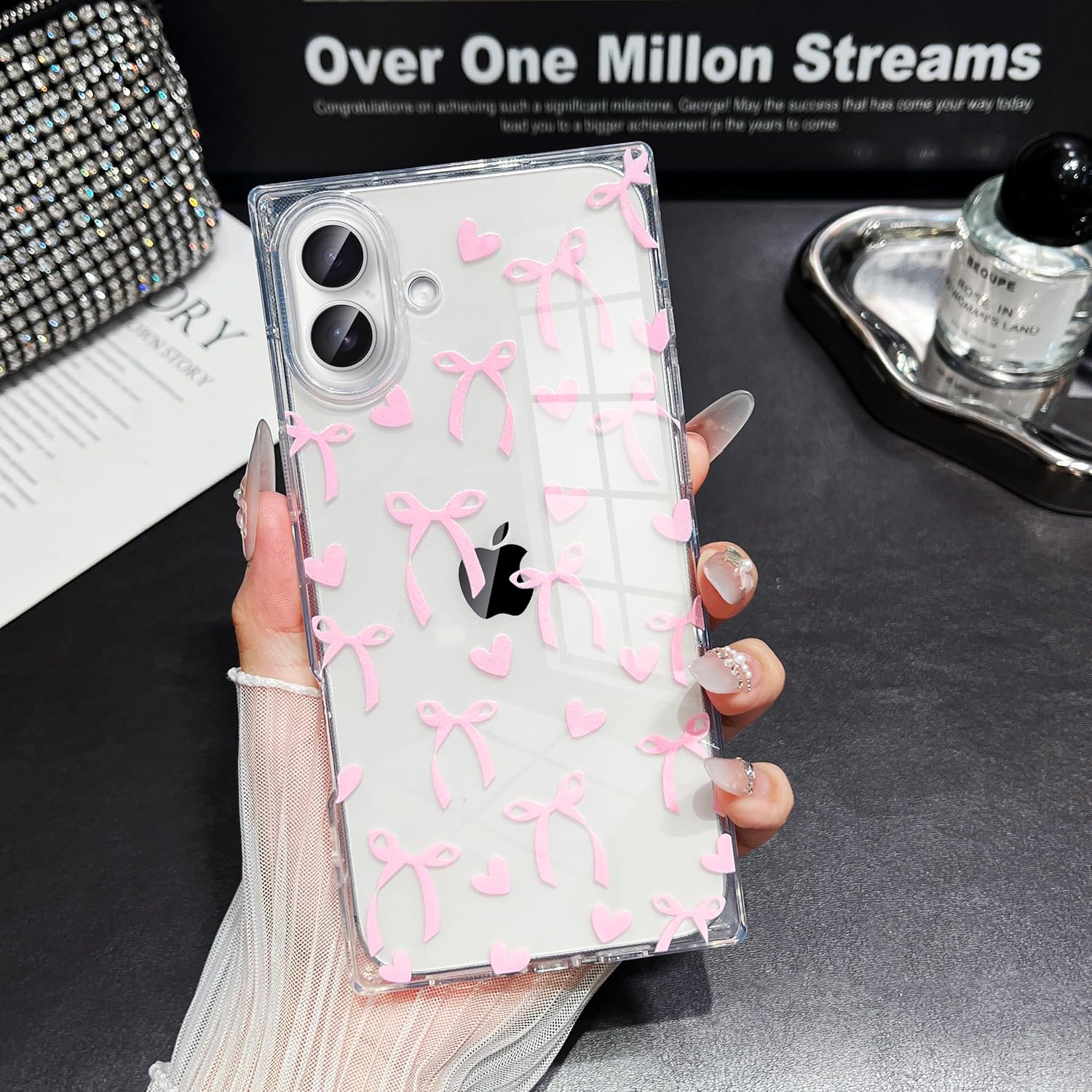 Jmltech for iPhone 16 Pro Max Case Cute Women Girly Clear Silicone Rectangle Edge Bowknot Print Hearts Transparent Shockproof Protective Phone Cases for iPhone 16 Pro Max - Image 4