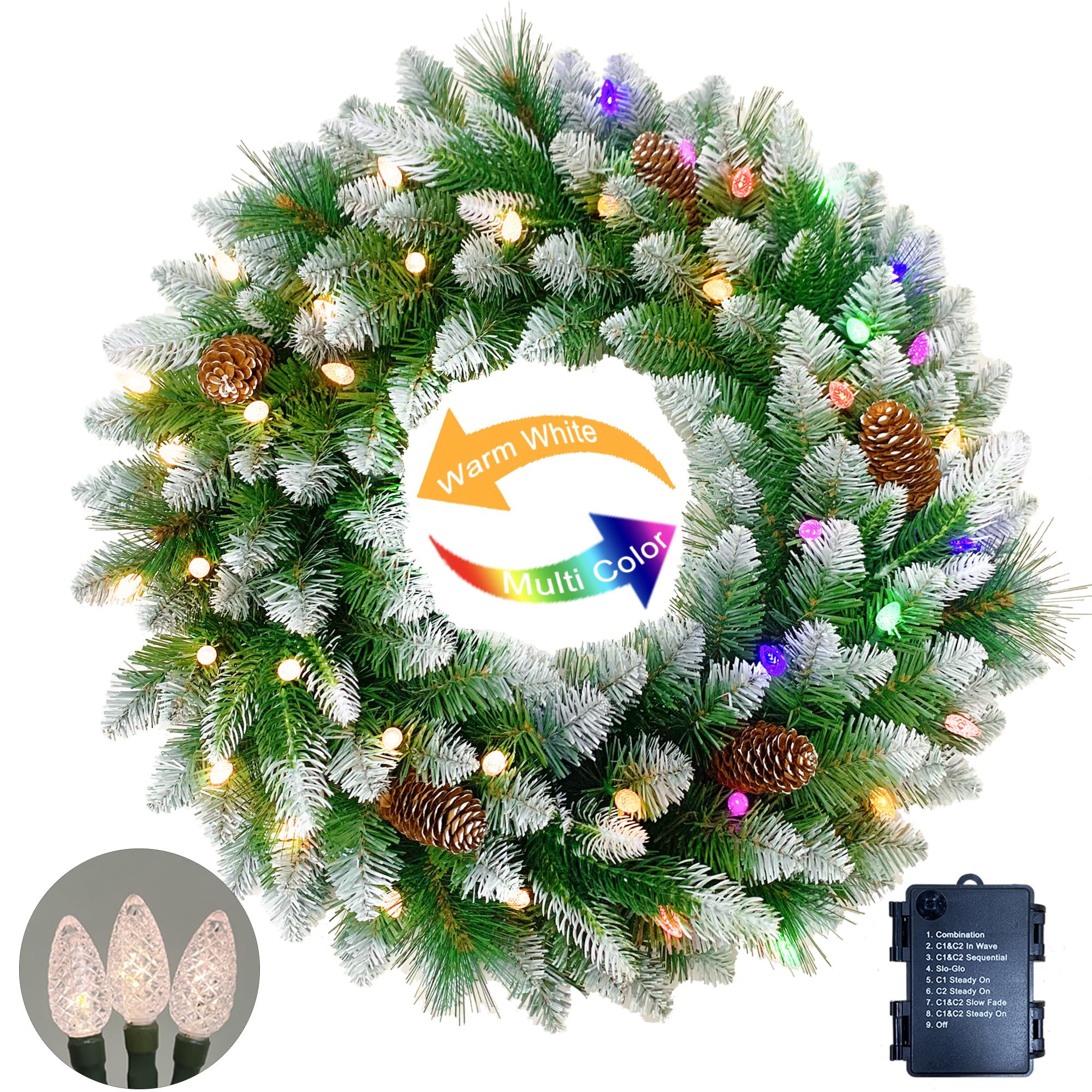 26 inches Pre-lit Snow-Kissed Artificial Christmas Wreath with Pine Cones, 40 C3 Dual-Color Multi-Functional Battery Operated LED Lights with Timer