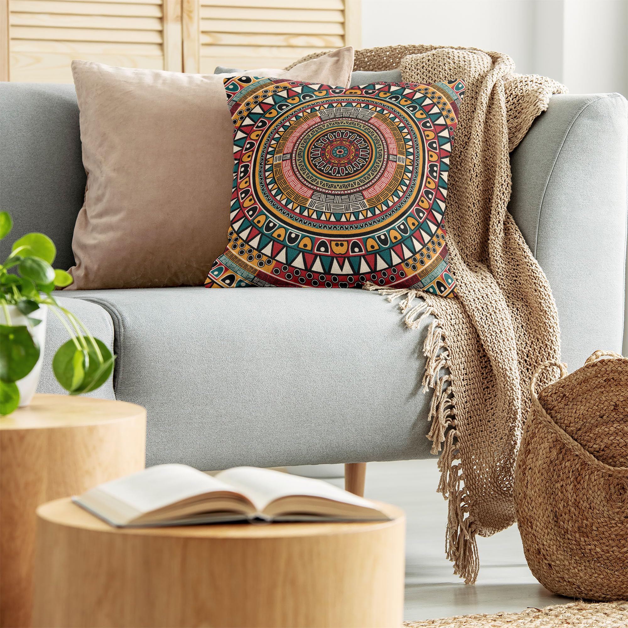 Ambesonne Tribal Throw Pillow Cushion Cover, Folkloric Tribe Round Pattern Colors Aztec Art, Decorative Square Accent Pillow Case, 16" X 16", Mustard Jade