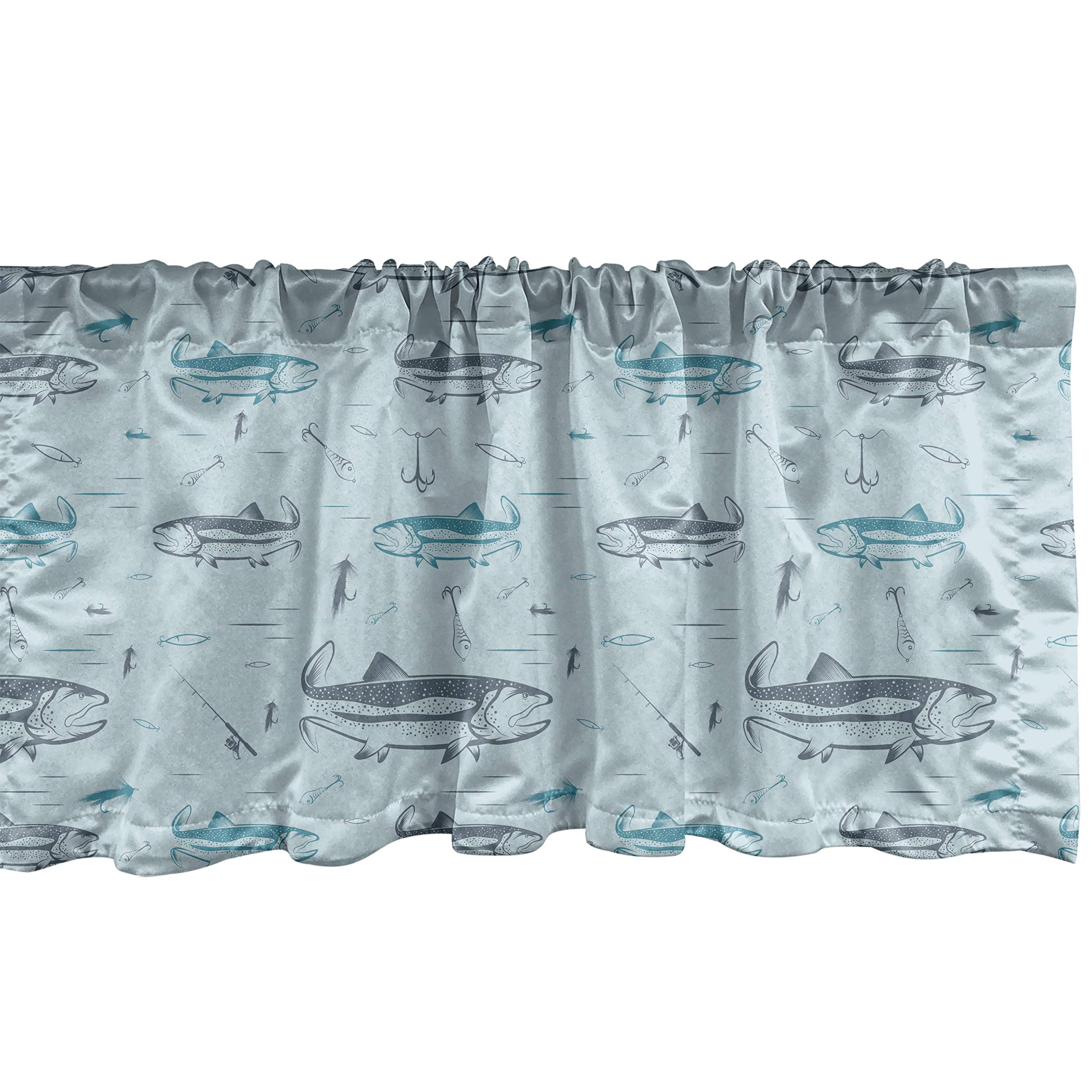 Lunarable Trout Window Valance, Hand-Drawn Style Pattern on The Subject of Fishing with Baits, Curtain Valance for Kitchen Bedroom Decor with Rod