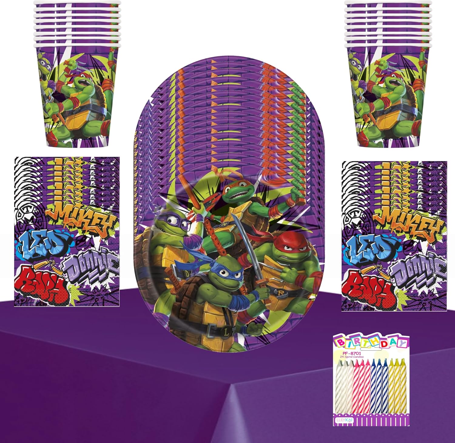 TMNT Mutant Mayhem Party Supplies Pack Serves 16 Guest: Teenage Mutant Ninja Turtles - 7" Dessert Plates Napkins Cups and Table Cover with Birthday Candles (Bundle for 16)