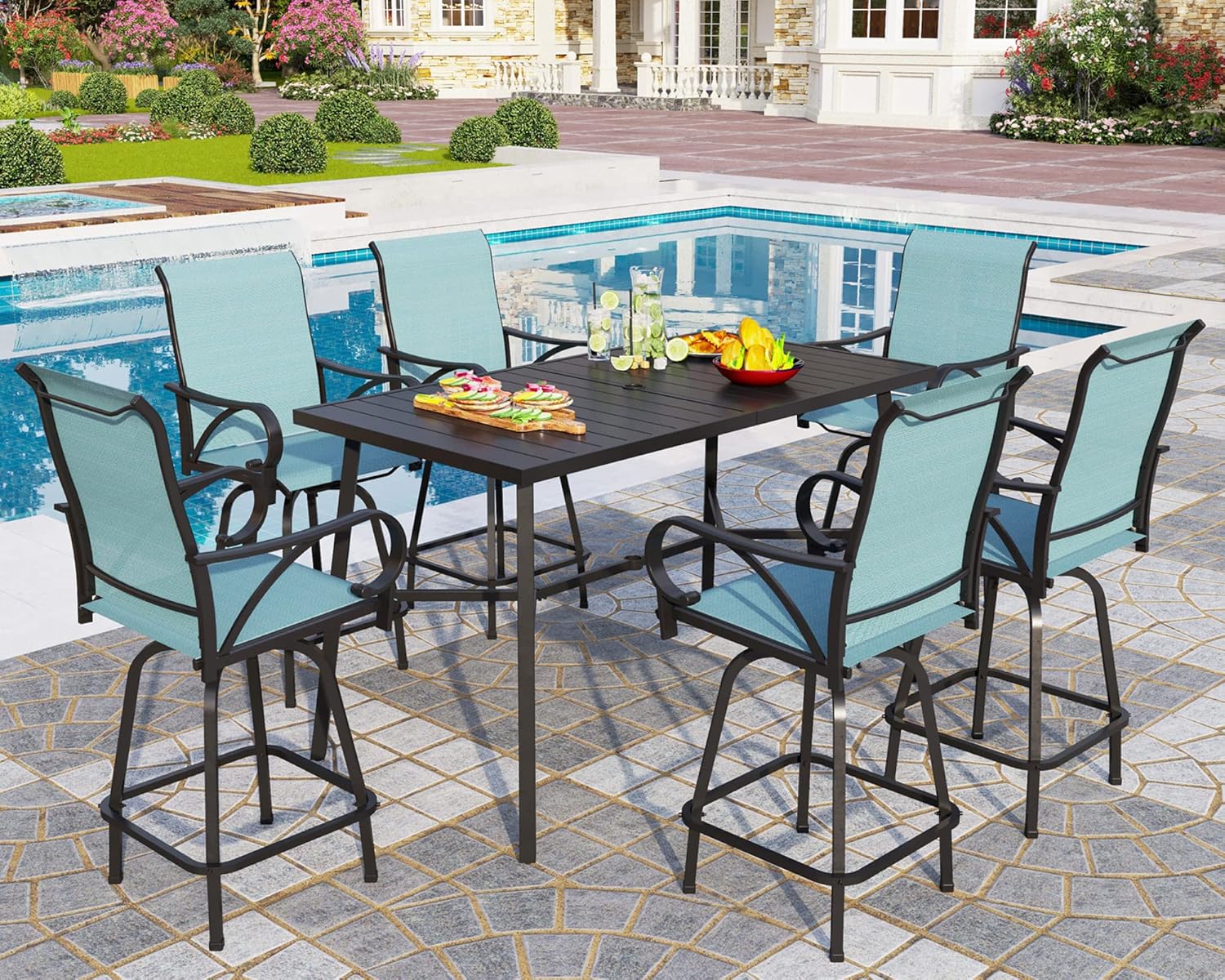 PHI VILLA 7 Piece Patio Bar Height Dining Set, Outdoor High