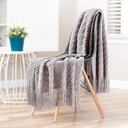 Miniatura 2 de Chanasya Manta gris de alta calidad con borlas, de punto acrílico, supersuave, esponjosa, cálida, acogedora, ligera, elegante, bohemia para cama,