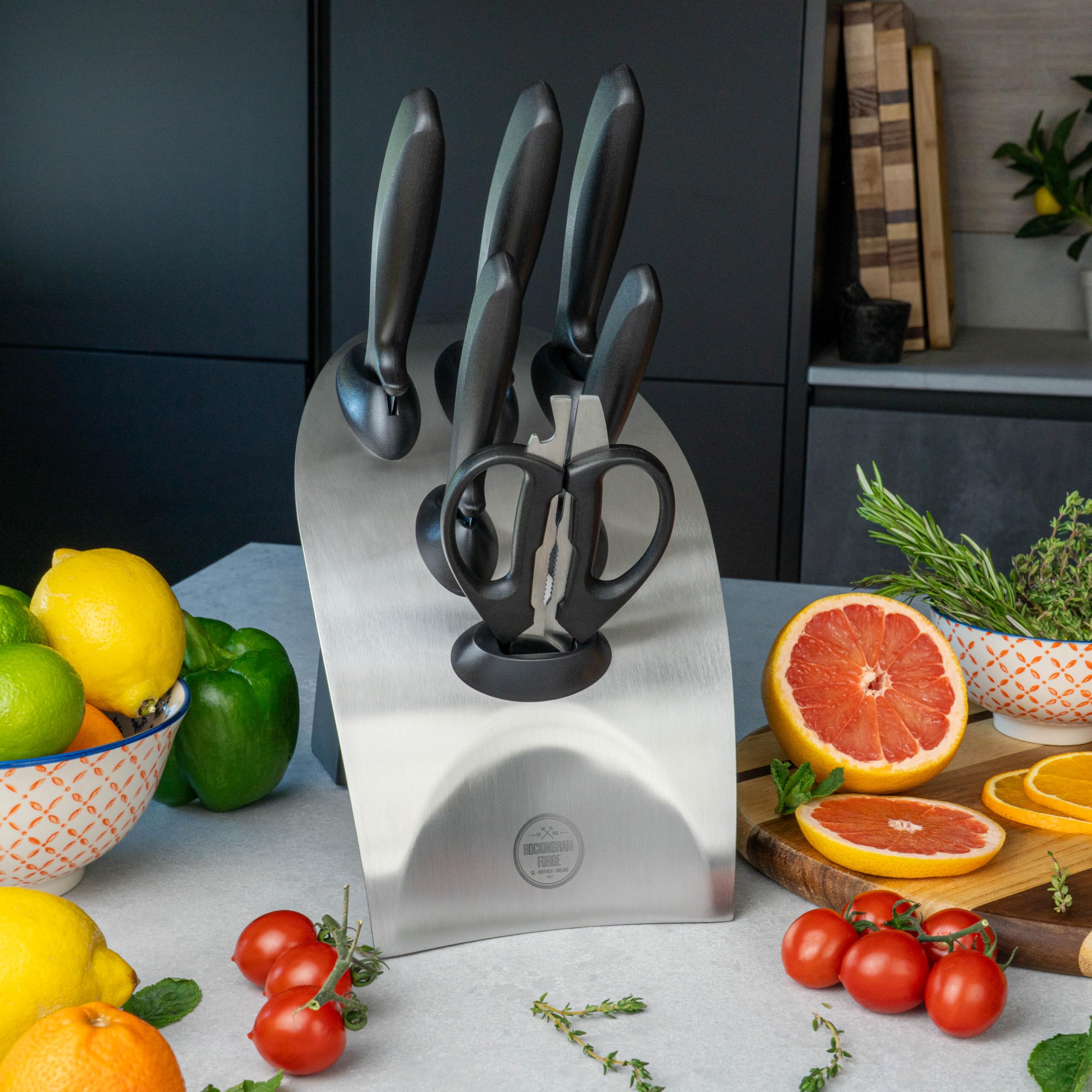 Rockingham Forge 8007 Essentials Range 7-Częściowy Zestaw Noży w Bloku, Stal Nierdzewna, Czarne Uchwyty, 5 Noży, 1 Para Nożyczek i 1 Blok