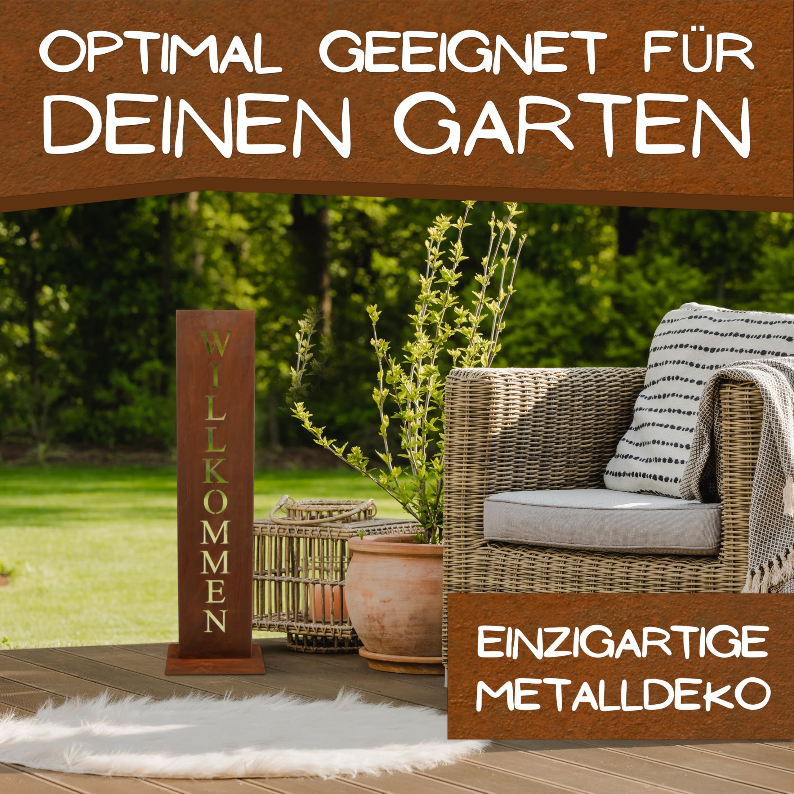 Rostikal Willkommensschild Rost 71 cm Edelrost Gartendeko Türschild Haustür | Herzlich Willkommen Schriftzug zum Hinstellen - rostige Deko für Eingangsbereich, Wohnzimmer, Terrasse und Garten