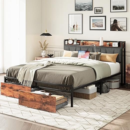 LIKIMIO Full Size Bed Frame, Storage Headboard with