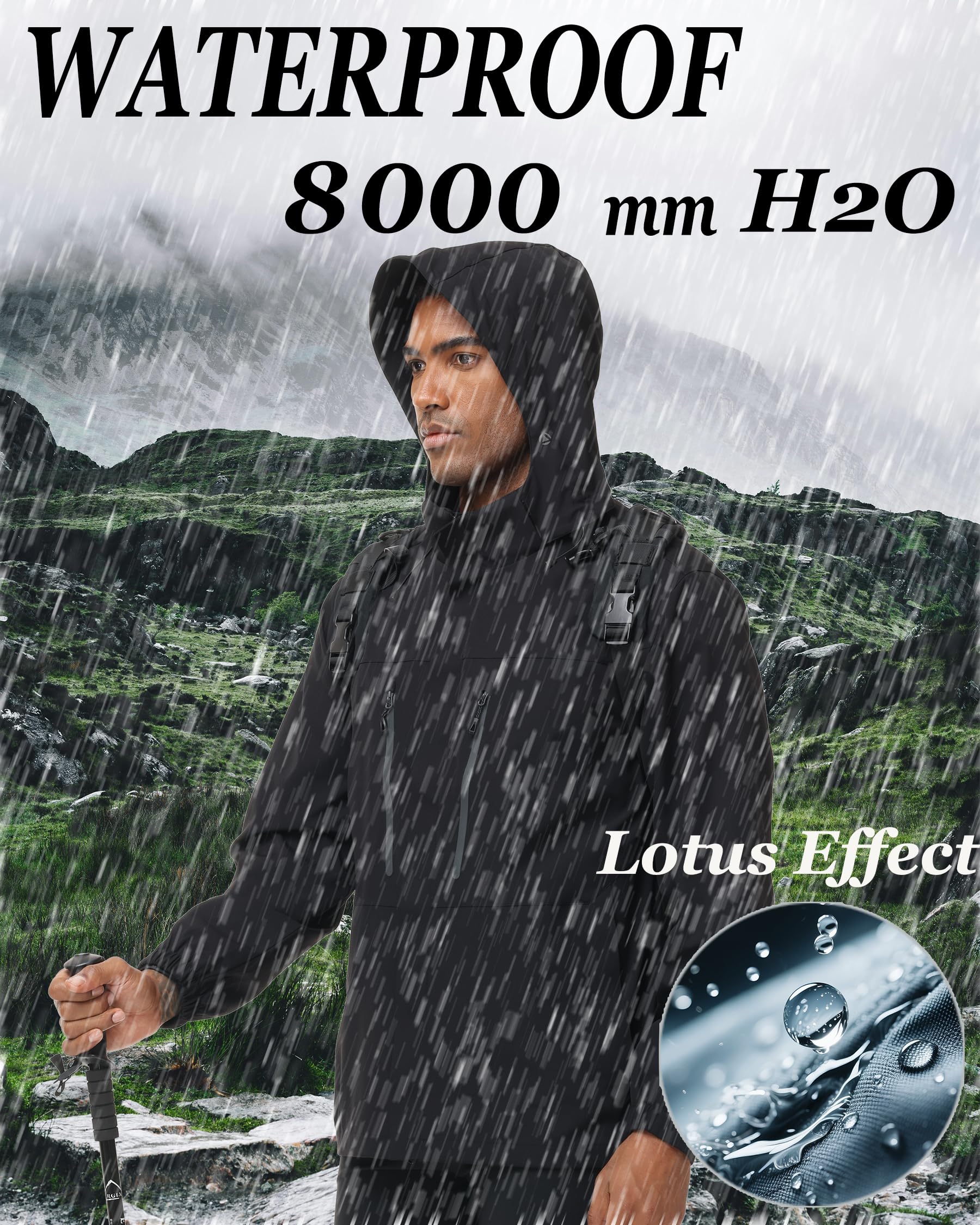 8000mm H2O Veste de Pluie Imperméable avec Capuche Amovible Respirant Coupe-Vent Mode Imperméable pour Golf Randonnée