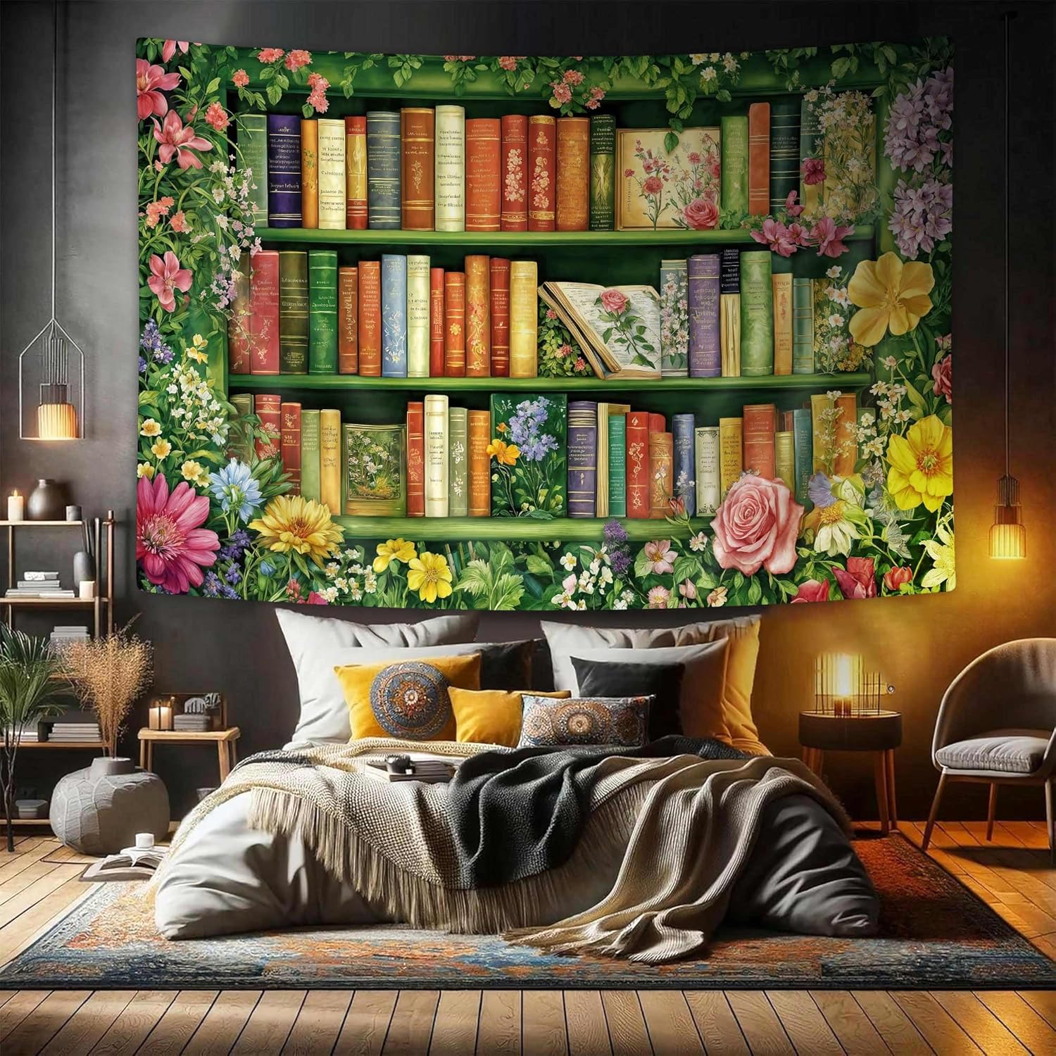 DYNH Wildflowers Bookshelf Tapestry,Book on Bookshelf and Colorful Plants Tapestries,Vintage Art Wall Hanging Decor for Study Room Bedroom Living Room College Dorm,90x70In