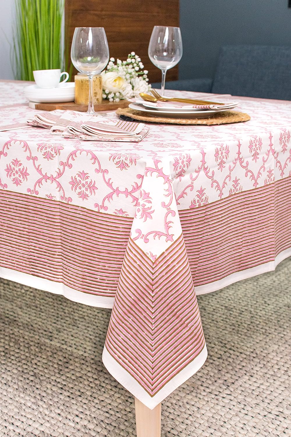 Lotus & Ivory Trellis Pattern 100% Cotton Table Cloth for Dining Table Kitchen Wedding Everyday Use Dinner Parties (60x108 inch, Pink, Hand Block Printed)