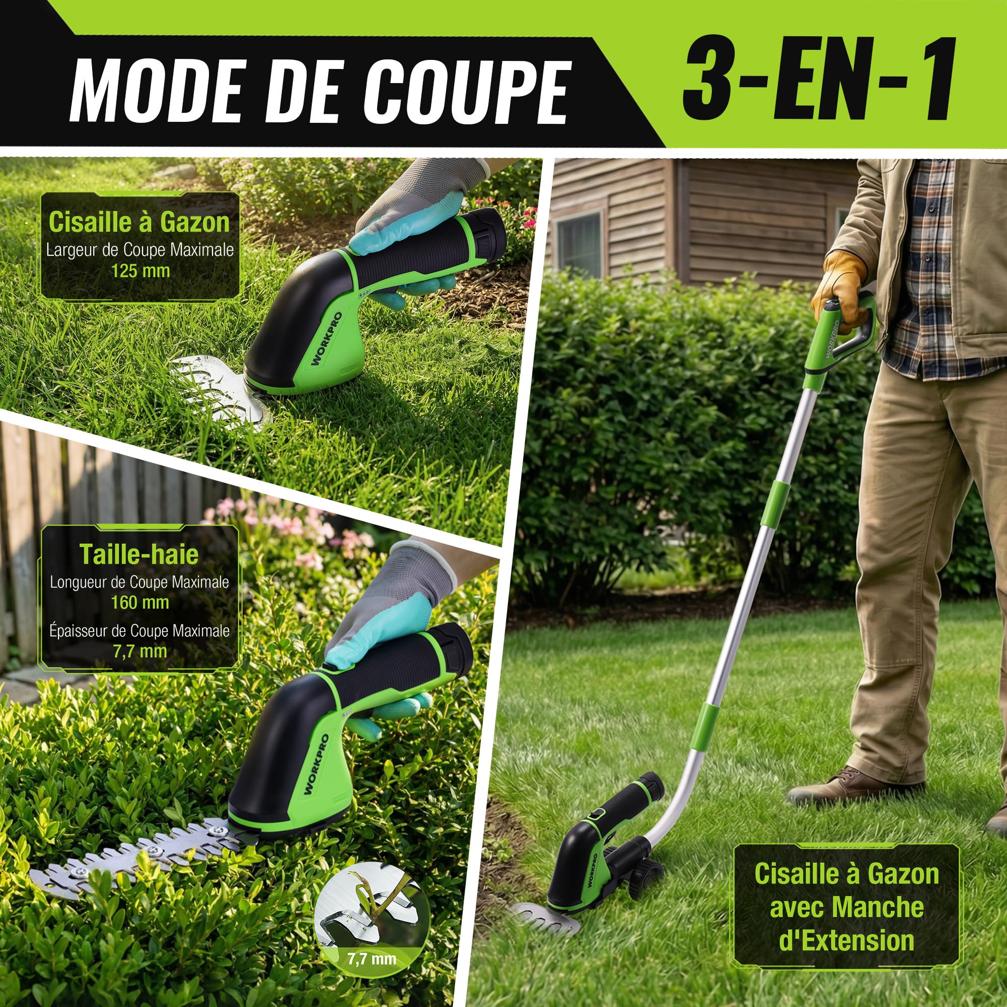 WORKPRO 3-en-1 Cisaille à Gazon et Taille-Buissons sans Fil 12V, Manche Télescopique avec Roues, Batterie Lithium 2000mAh, Lames Acier Précises, Outil Jardin Léger et Ergonomique
