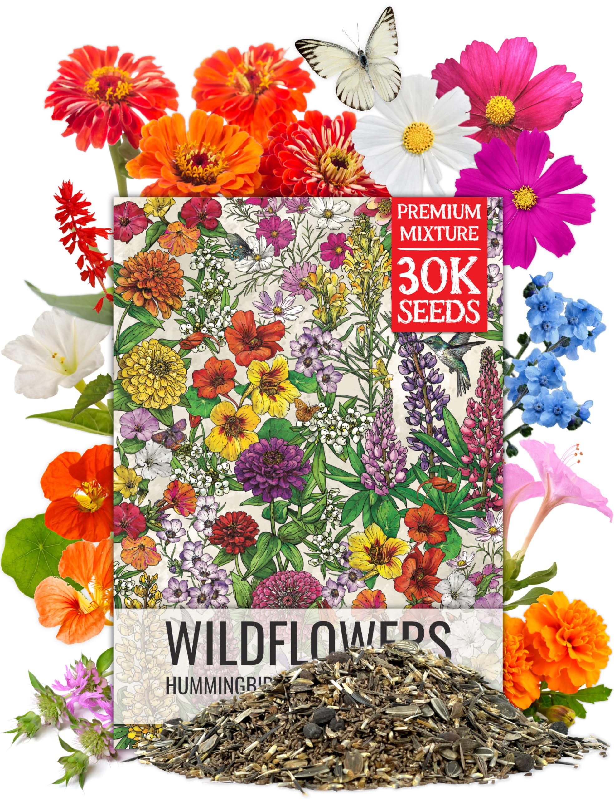 Seed Needs Wildflower Seeds Butterfly and Hummingbird Seed Mix 2 Ounce No Filler | 23 Varieties Annual & Perennial Species Such as Butterfly Milkweed, Cosmos & Zinnia | Resealable Bulk Package