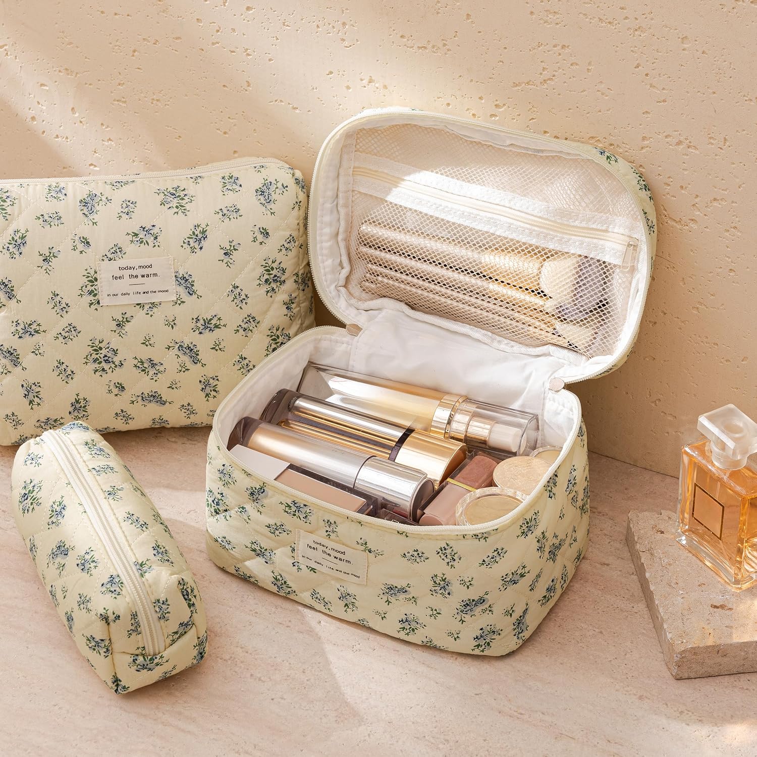 Condition photo showing As Is for hbselect quilted makeup bag, 3pcs cotton large travel makeup bags organizer | cute floral make up bag cosmetic bag toiletry bag for women girls, makeup pouch for skincare, brushes & travel essentials