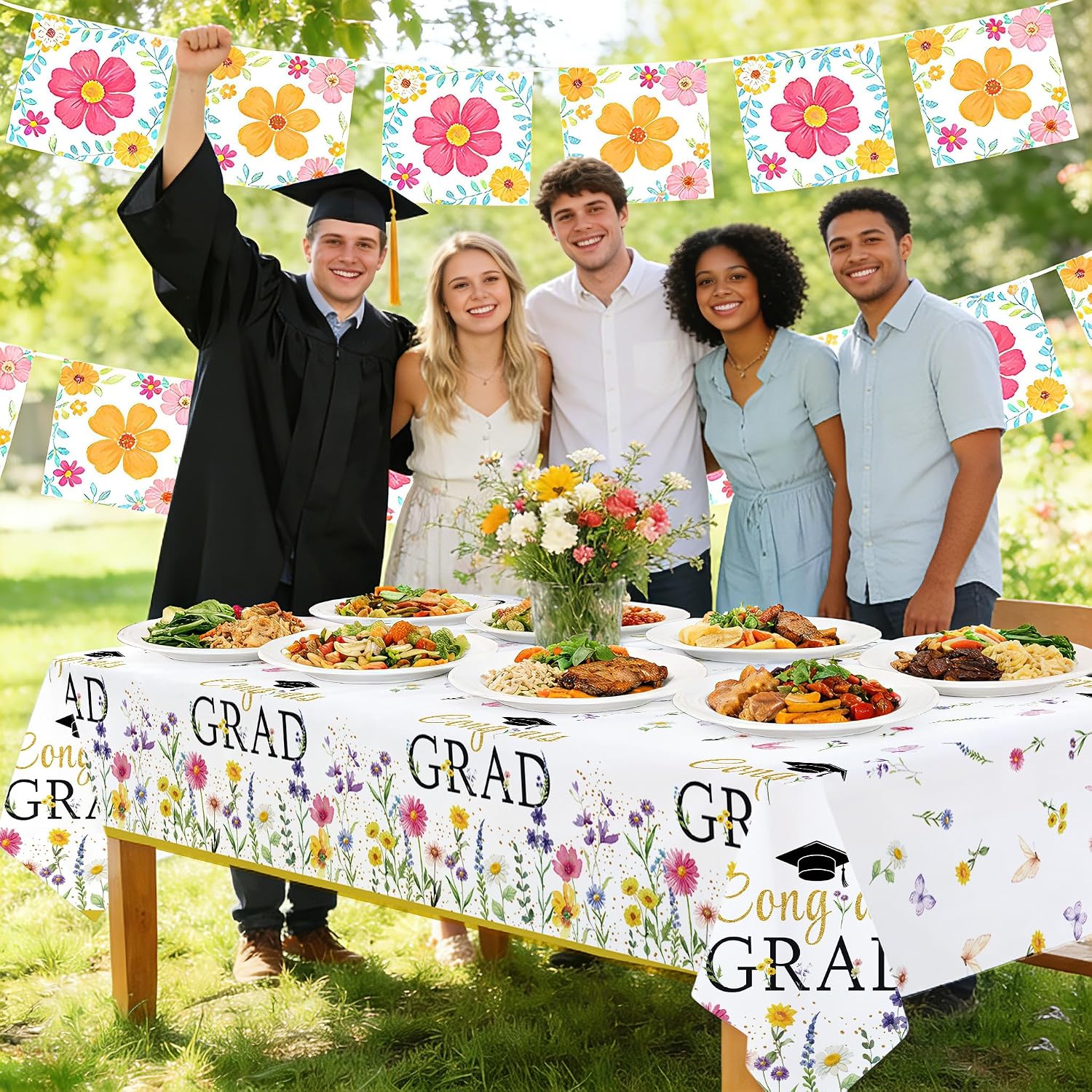 3Pcs Wildflower Graduation Tablecloth Watercolor Floral Congrats Grad Table Cover Plastic Rectangle Spring Floral Butterfly Table Cloth for Class of 2026 Graduation Prom Party Supplies 54" x 108"