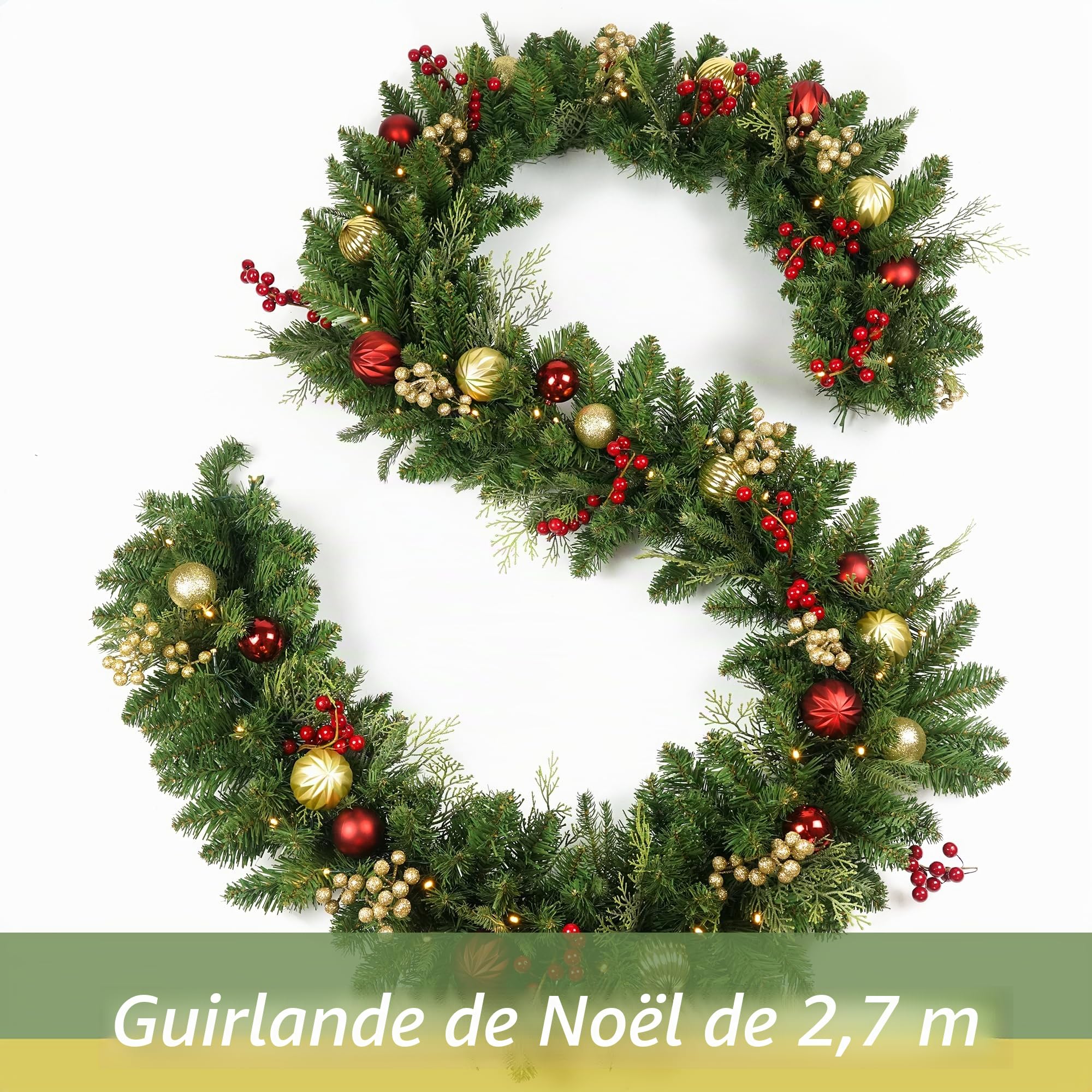 Guirlande de Noël de 2,7 m avec 50 LED, boules dorées et rouges contrôle des piles, décoration de Noël avec minuterie lumineuse pour cheminée d'escalier intérieur et extérieur