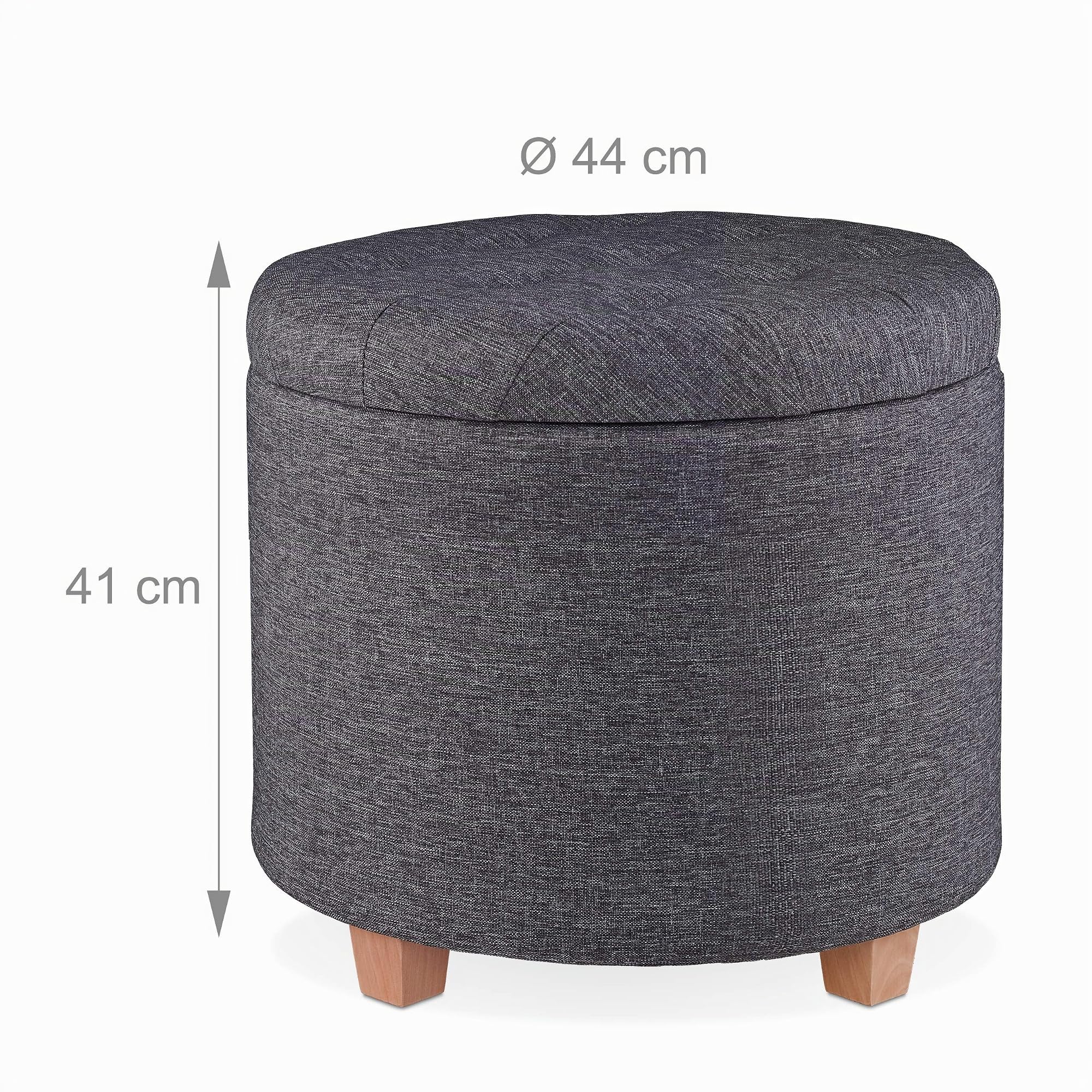 Relaxdays Sitzhocker mit Stauraum, gepolsterter Hocker rund, für Wohnzimmer, Leinen-Optik, H x D: 41 x 44 cm, dunkelgrau