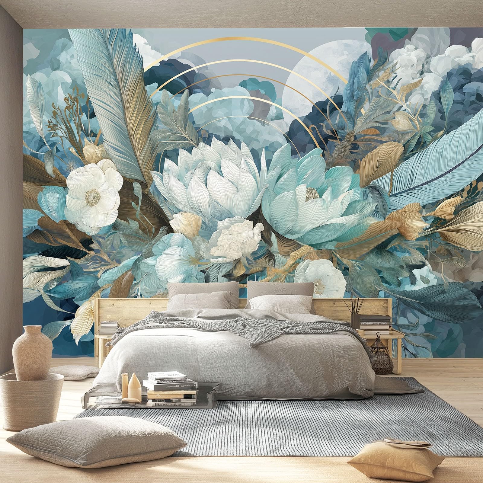 Tapeta z motywem 250 x 175 cm, pióra i kwiaty, wesoła tapeta z motywem do pokoju dziecięcego i kącika do majsterkowania, niebiesko-zielona