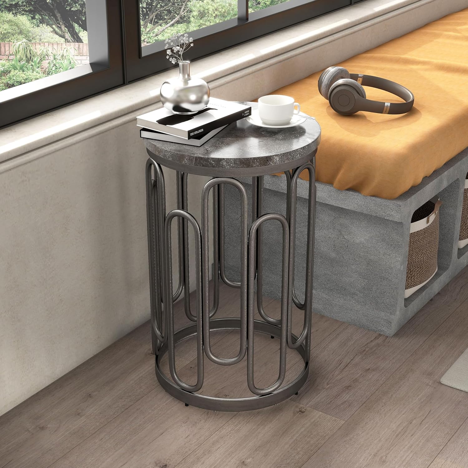 Furniture of America Davis Modern Round Small End Table with Marble Top & Sturdy Metal Legs & Open Shelf for Living Room, Apartment, Small Space, Black