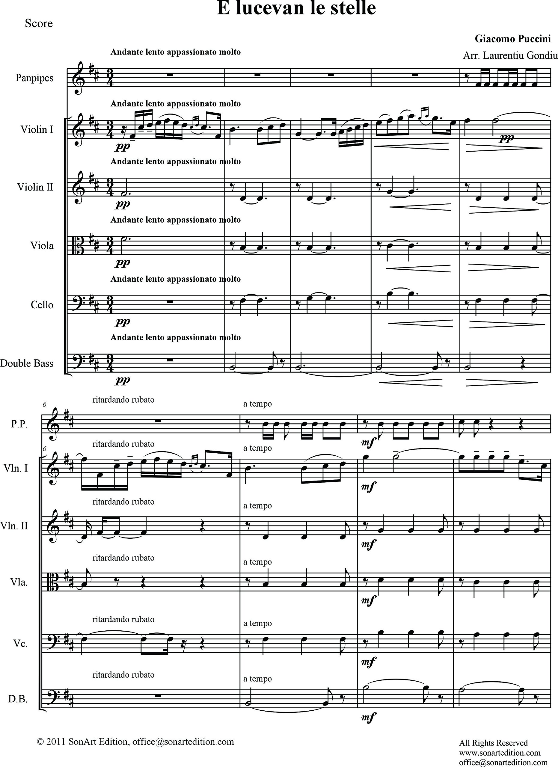 L'aria E Lucevan le stelle per flauto di Pan e quintetto d'archi.