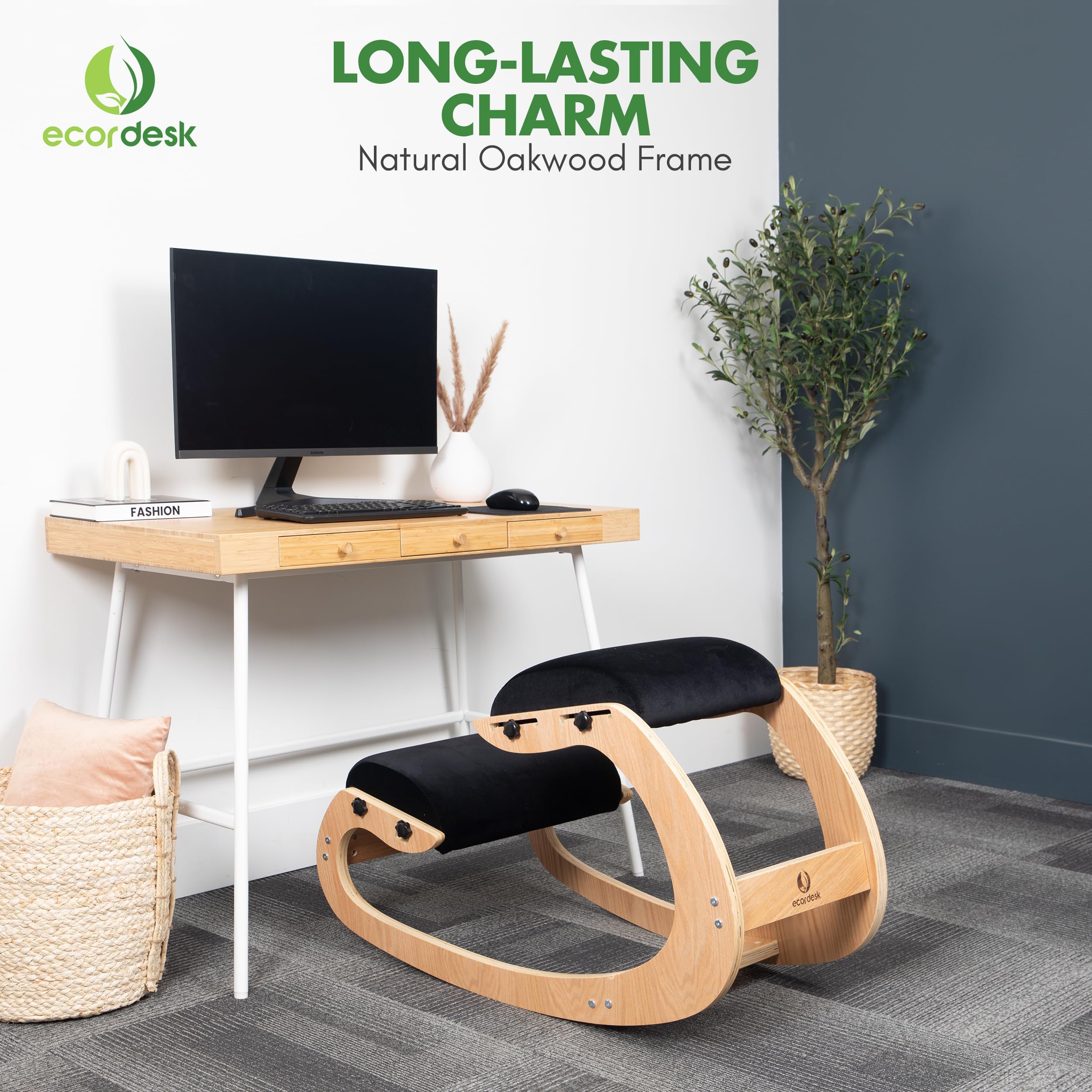 Ergonomischer Kniestuhl, verstellbarer Sitz - Bürostuhl für Schreibtisch, Haltungskorrektur, Premium-Komfortkissen, Schaukelkniestuhl aus Holz (schwarz)