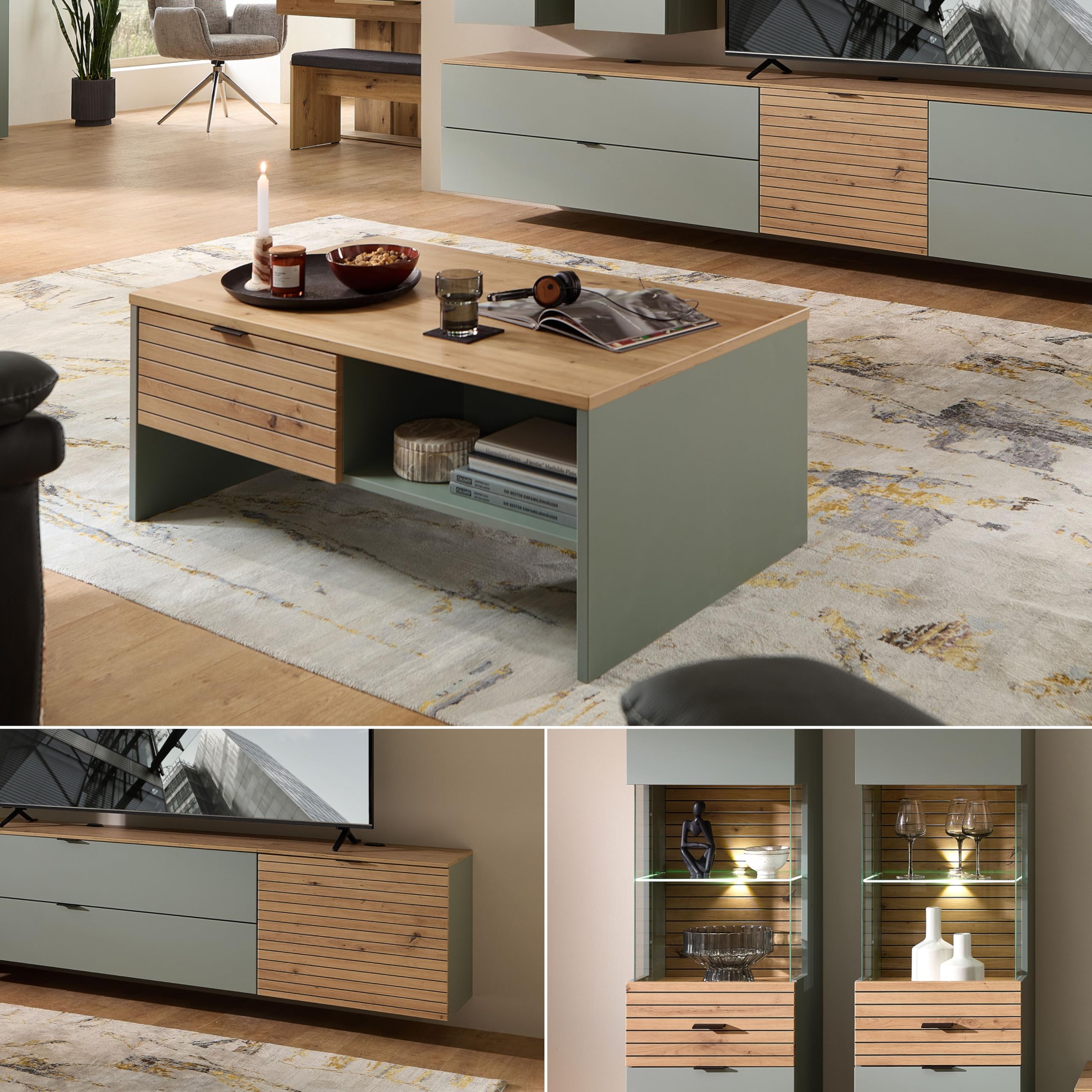 Stella Trading INA - Set completo da parete in verde canna, effetto rovere artisano, certificato FSC, 6 pezzi, con illuminazione a LED per il vostro soggiorno, 340 x 200 x 44 cm (larghezza x altezza x
